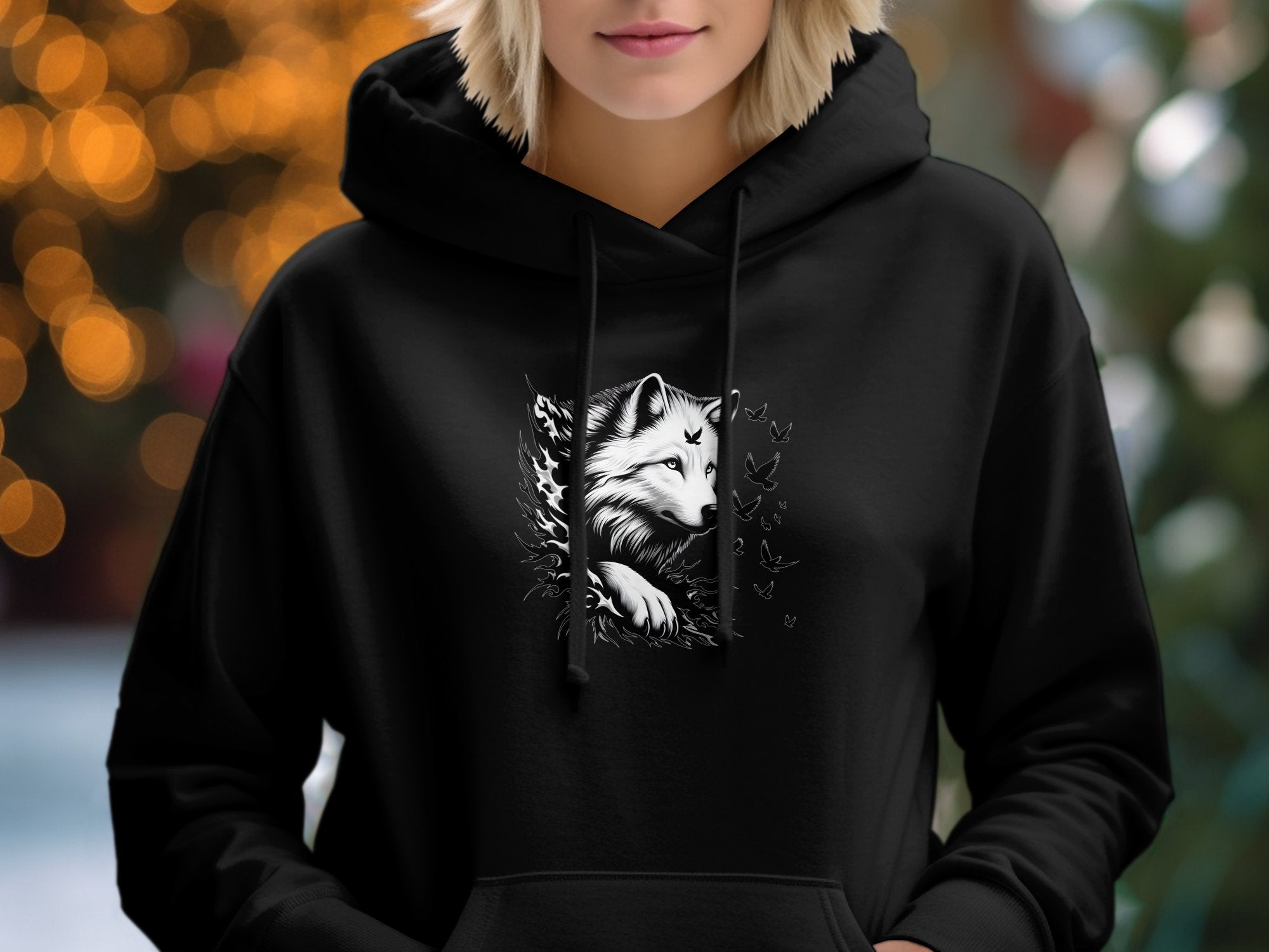 Wolf x Doves - Black White Gildan Hoodie Realistic Animal Talisman Unisex Tee Graphic Design