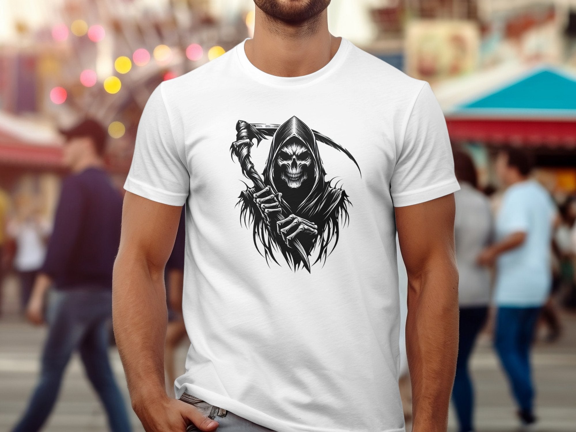 Grim Reaper - Black White Gildan T-Shirt Commemorative Talisman Unisex Tee Graphic Design