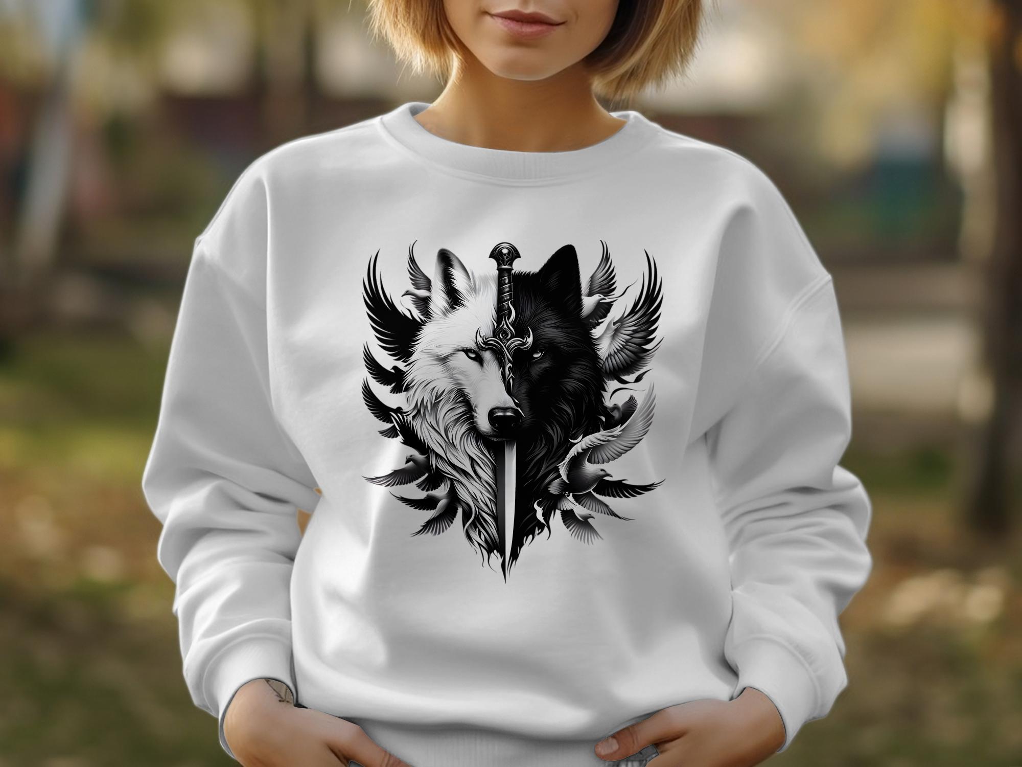 Wolf x Doves - Black White Gildan Sweatshirt Realistic Animal Talisman Unisex Tee Graphic Design