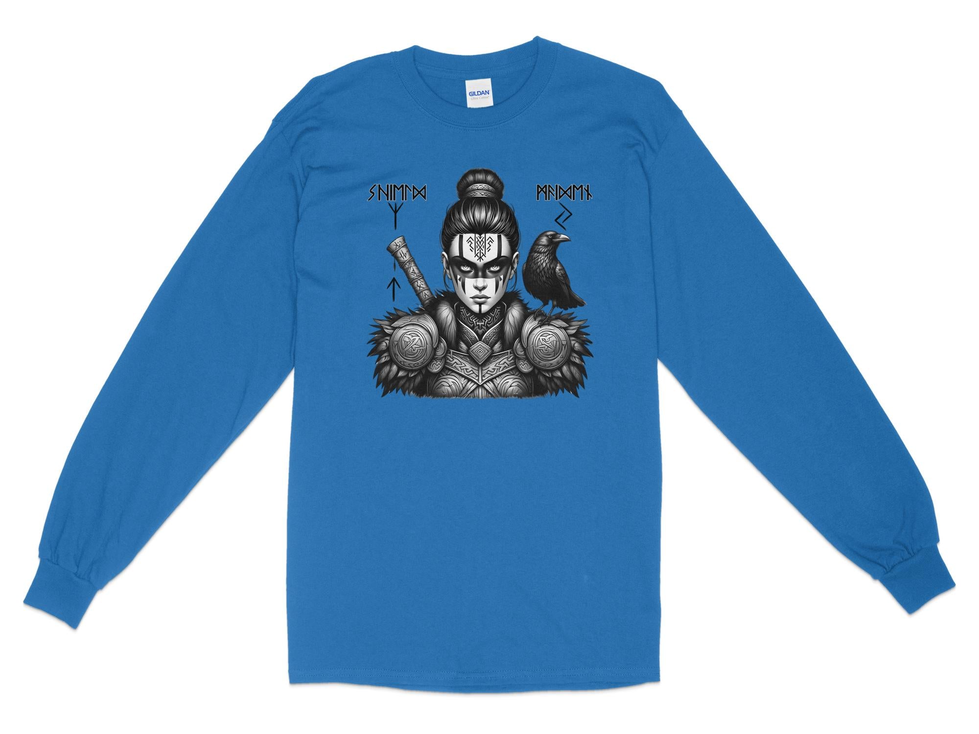 Viking Shield Maiden - Coloured Gildan Long Sleeve Realistic Norse Talisman Men Women Unisex Valhalla Tee Graphic Design