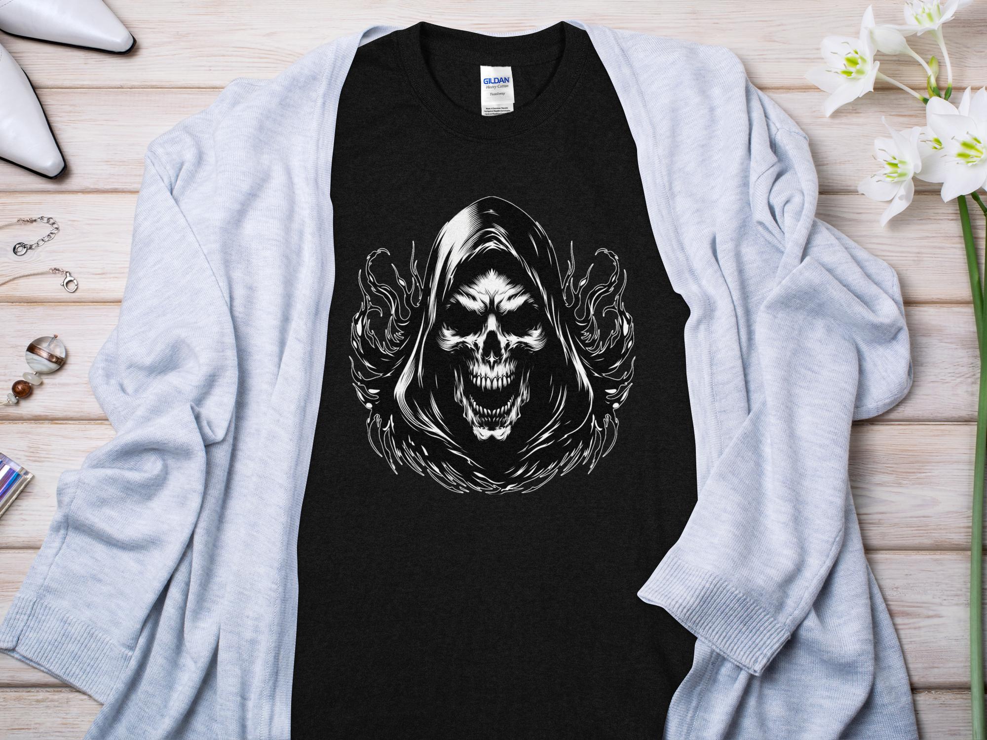 Grim Reaper - Black White Gildan T-Shirt Commemorative Talisman Unisex Tee Graphic Design