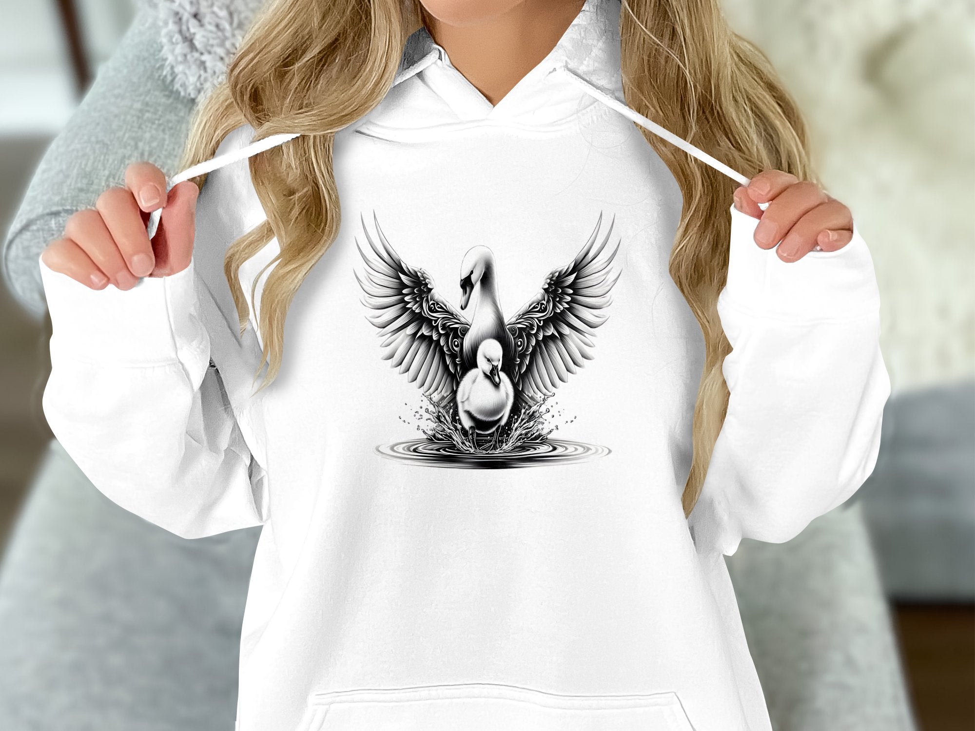 Swan & Cygnet- Black White Gildan Hoodie Realistic Family Talisman Unisex Tee Graphic Design