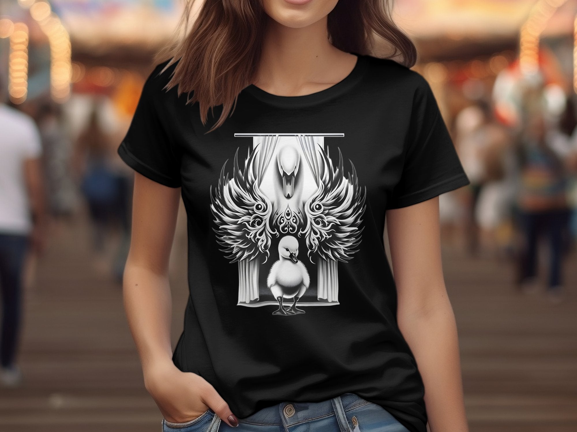 Swan & Cygnet- Black White Gildan T-Shirt Realistic Family Talisman Unisex Tee Graphic Design