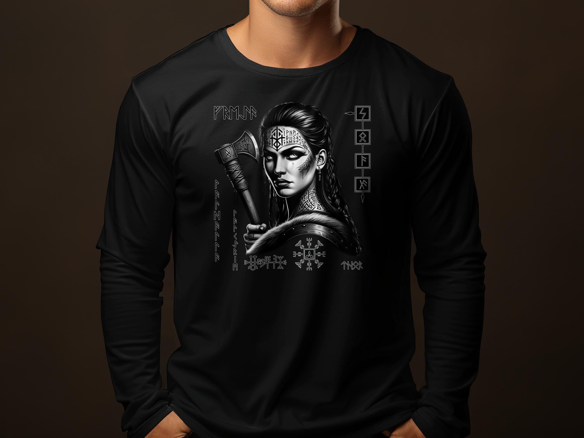 Viking Shield Maiden - Coloured Gildan Long Sleeve Realistic Norse Talisman Men Women Unisex Valhalla Tee Graphic Design