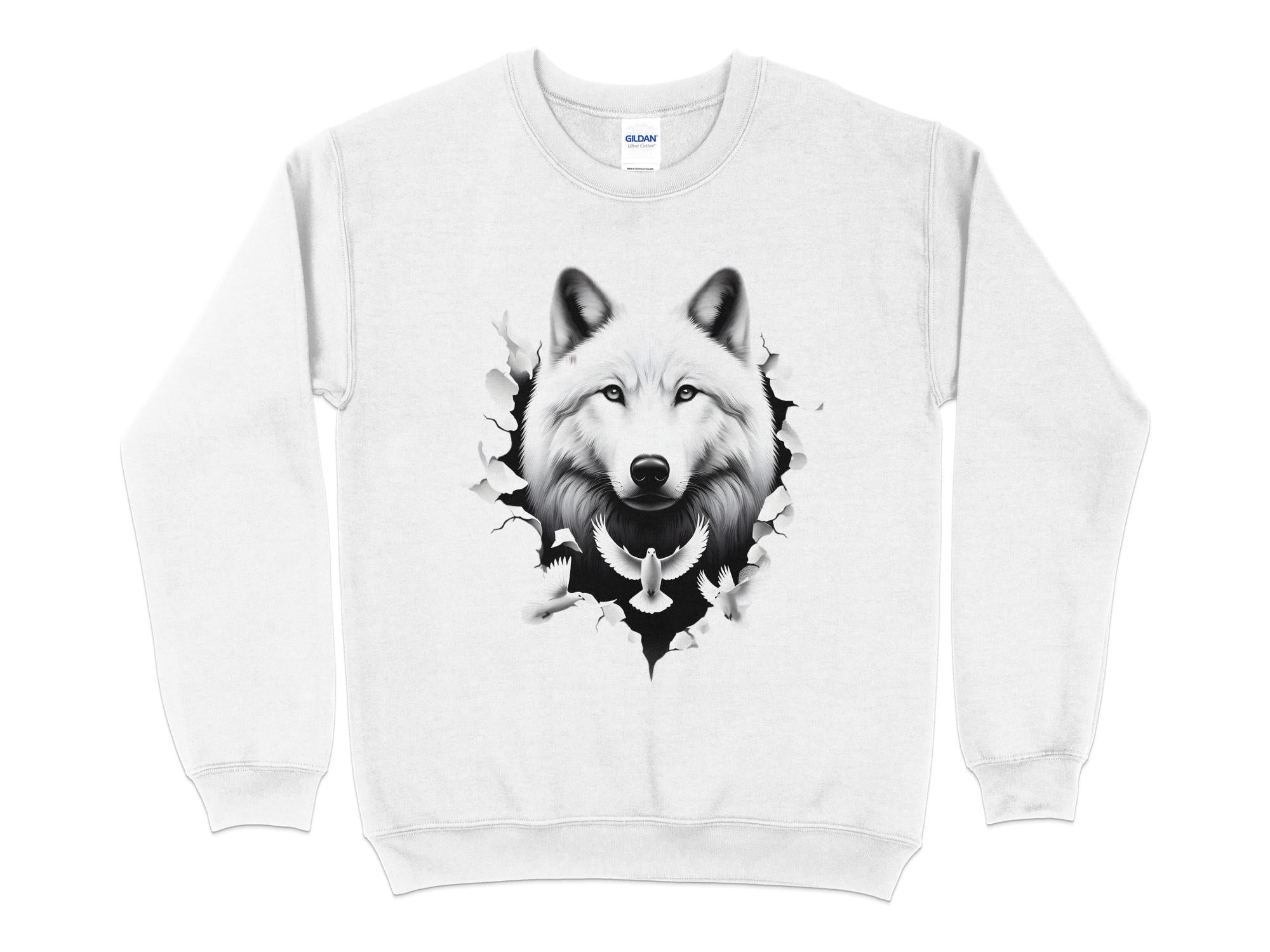 Wolf x Doves - Black White Gildan Sweatshirt Realistic Animal Talisman Unisex Tee Graphic Design