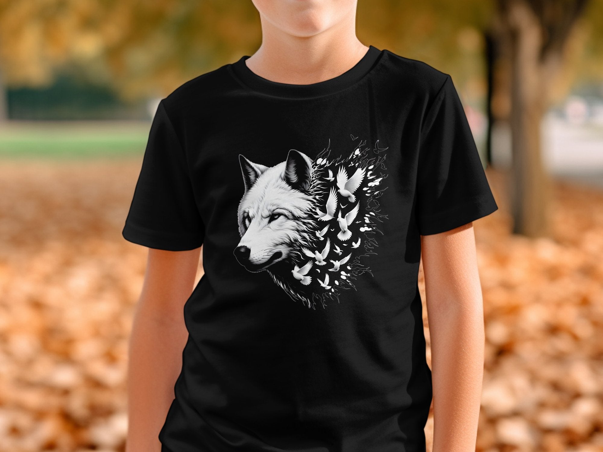 Wolf x Doves - Black White Gildan Kids T-Shirt Realistic Animal Talisman Unisex Tee Graphic Design