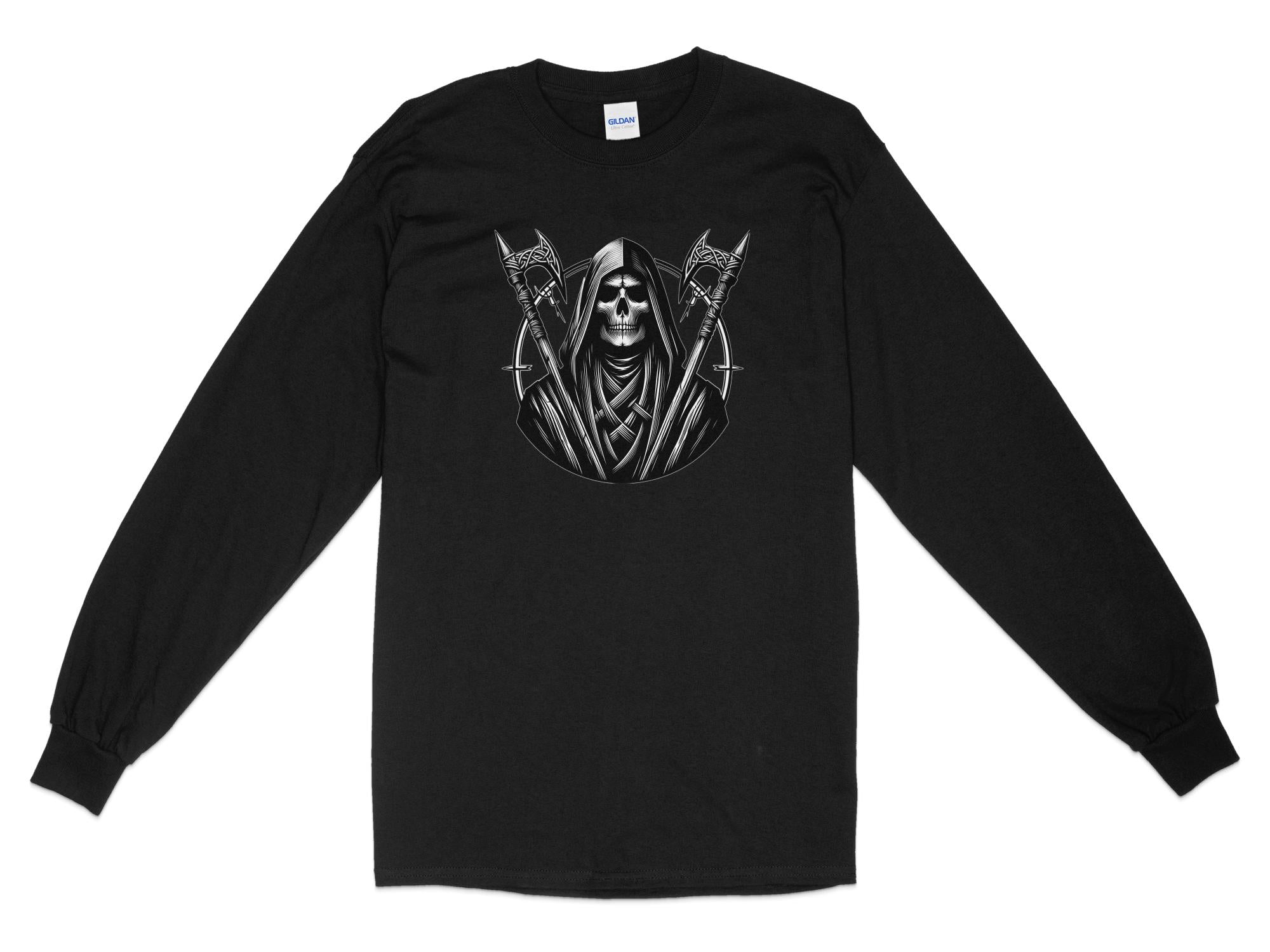 Grim Reaper - Black White Gildan Long Sleeve Commemorative Talisman Unisex Tee Graphic Design