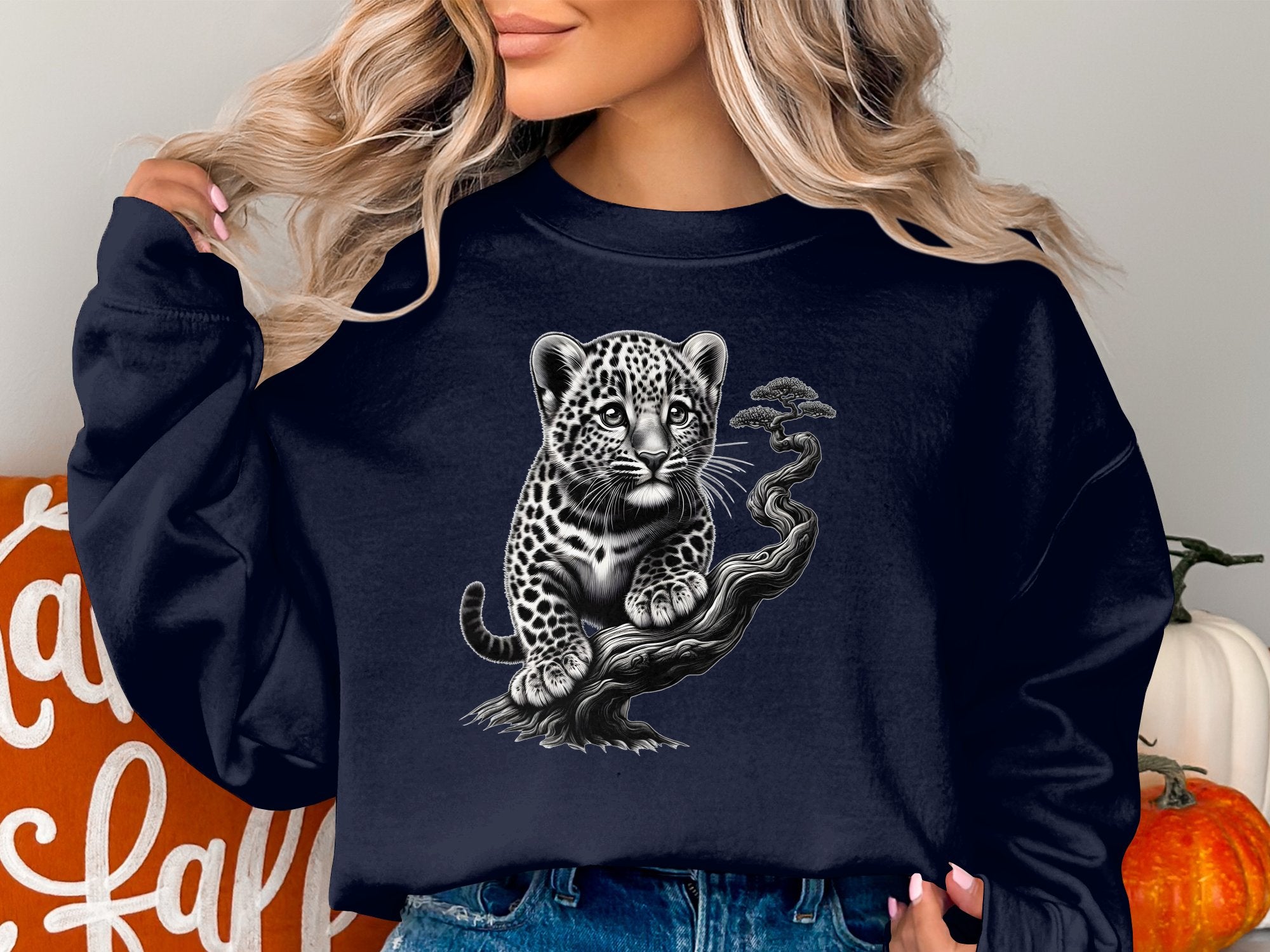 Leopard Bonsai - Coloured Gildan Sweatshirt Realistic Animal Talisman Unisex Cute Tee Graphic Design