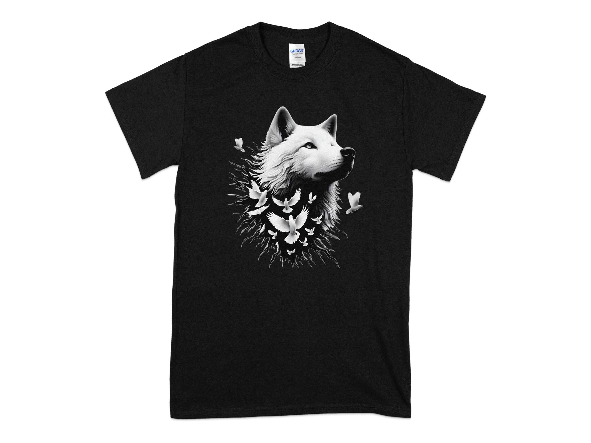 Wolf x Doves - Black White Gildan T-Shirt Realistic Animal Talisman Unisex Tee Graphic Design