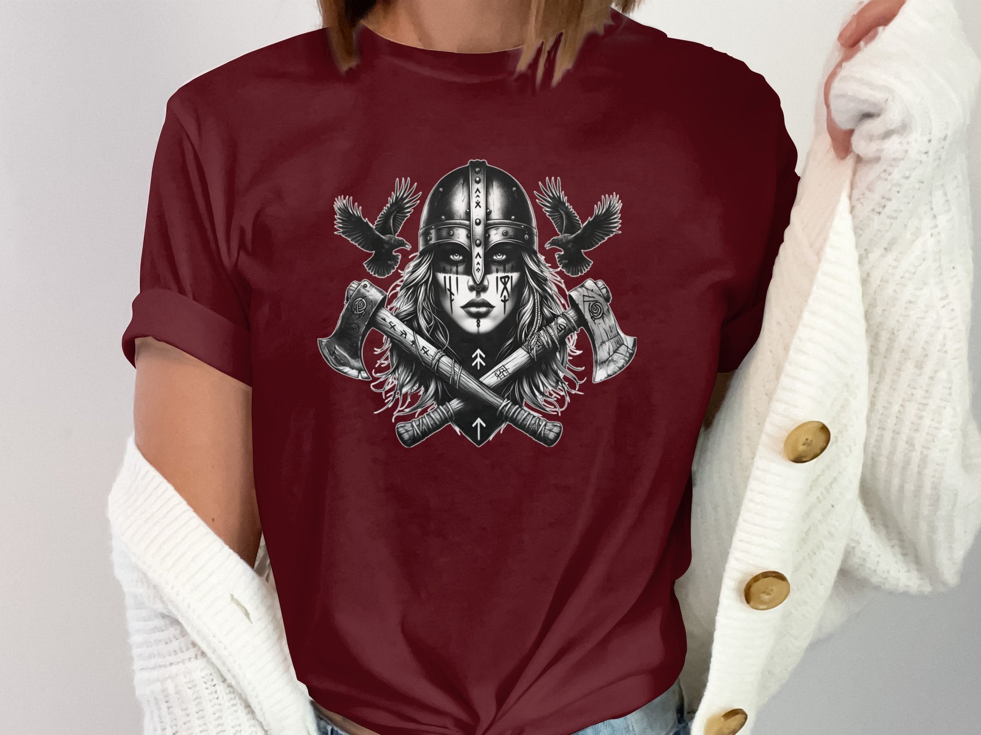 Viking Shield Maiden - Coloured Gildan T Shirt Realistic Norse Talisman Men Women Unisex Valhalla Tee Graphic Design