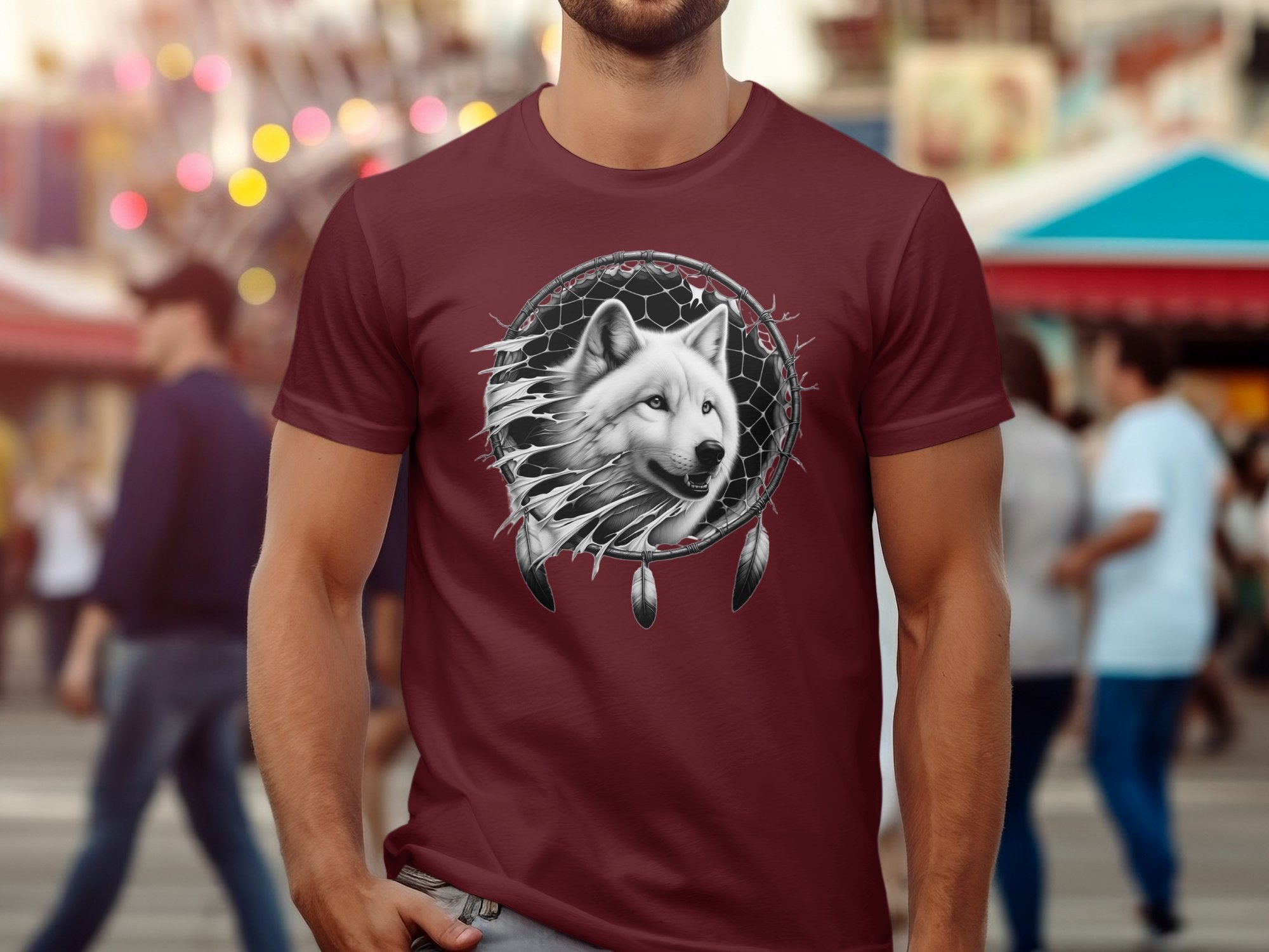 Dreamcatcher Wolf - Coloured Gildan T-Shirt Realistic Native American Talisman Unisex Mythology Tee Graphic Design