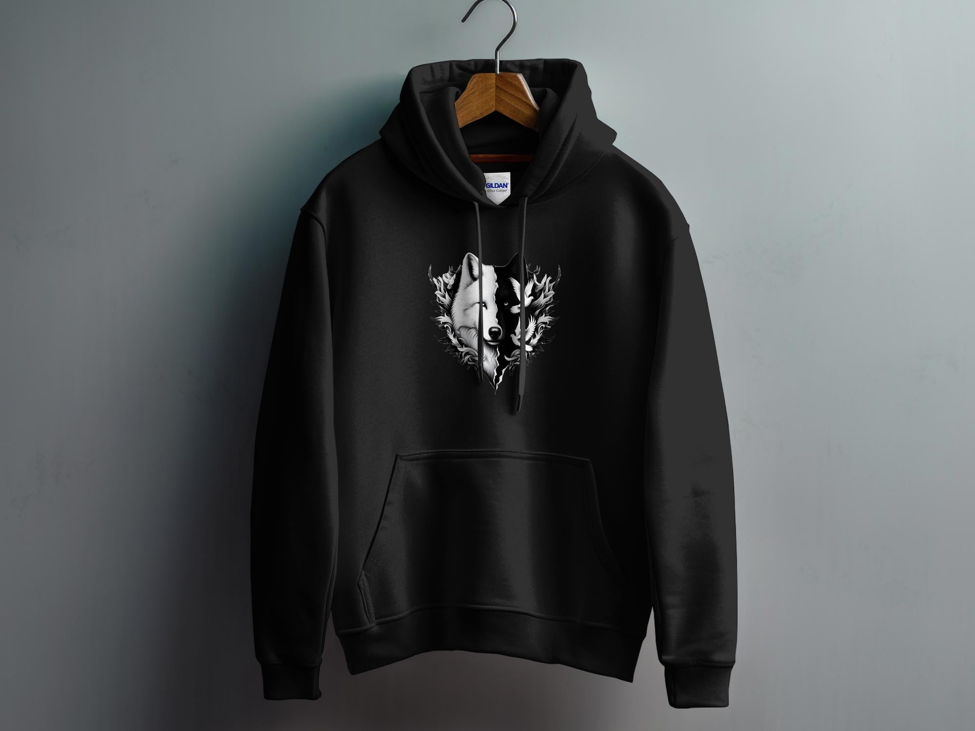 Wolf x Doves - Black White Gildan Hoodie Realistic Animal Talisman Unisex Tee Graphic Design