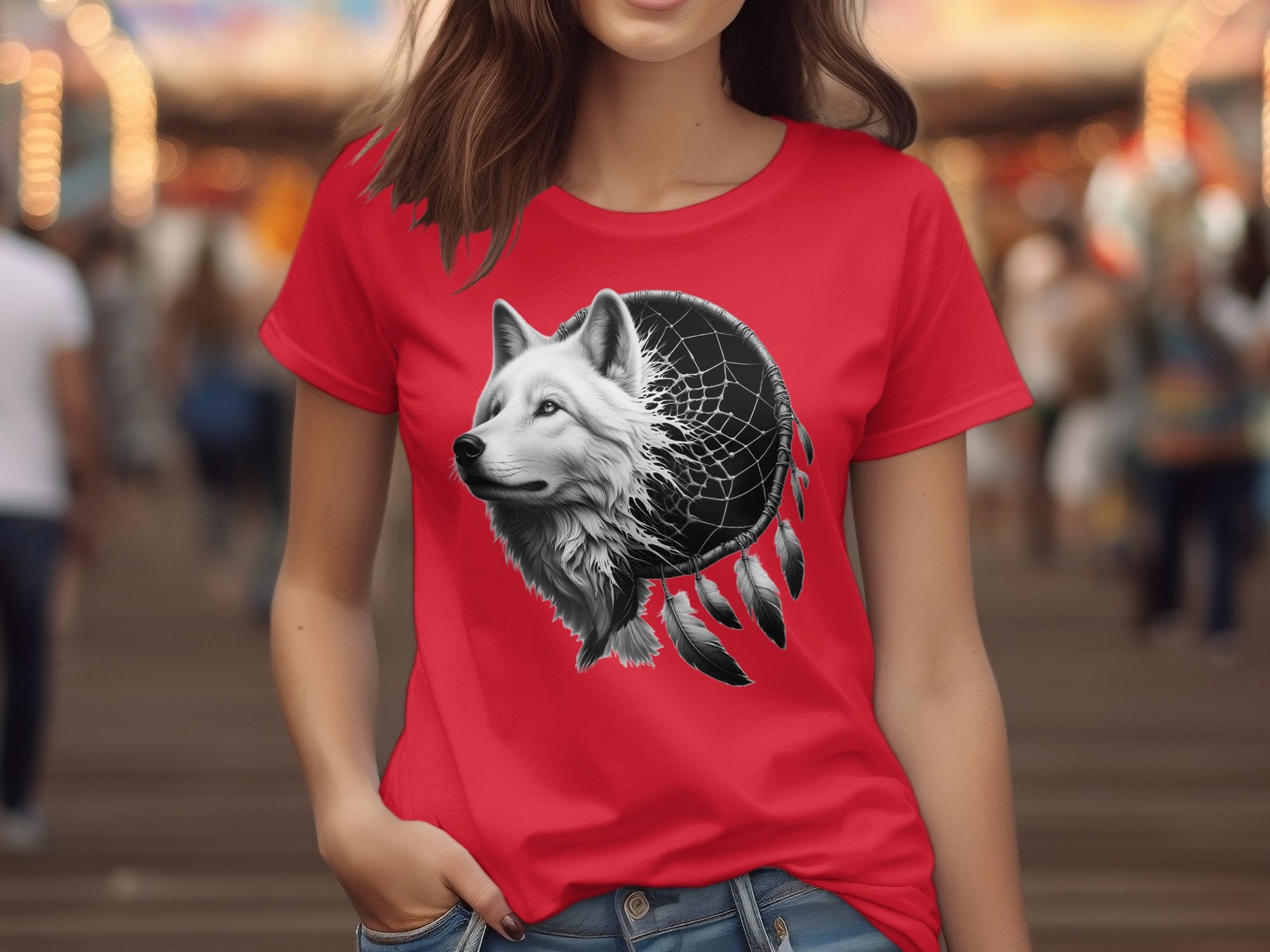 Dreamcatcher Wolf - Coloured Gildan T-Shirt Realistic Native American Talisman Unisex Mythology Tee Graphic Design