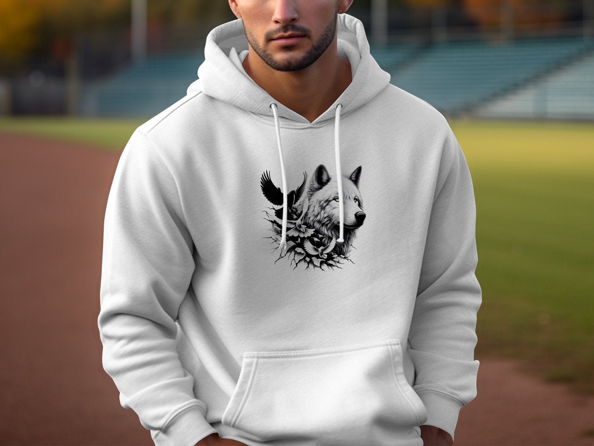 Wolf x Doves - Black White Gildan Hoodie Realistic Animal Talisman Unisex Tee Graphic Design