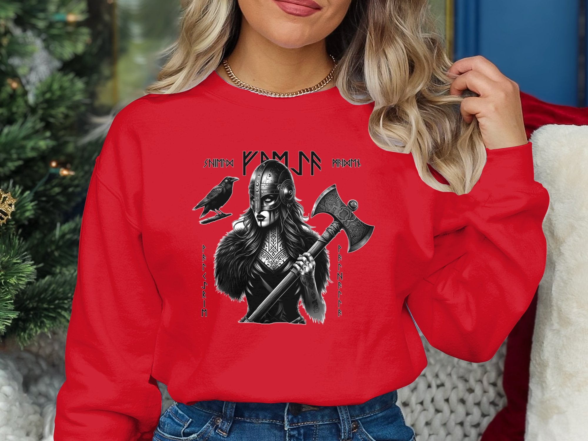 Viking Shield Maiden - Coloured Gildan Sweatshirt Realistic Norse Talisman Men Women Unisex Valhalla Tee Graphic Design