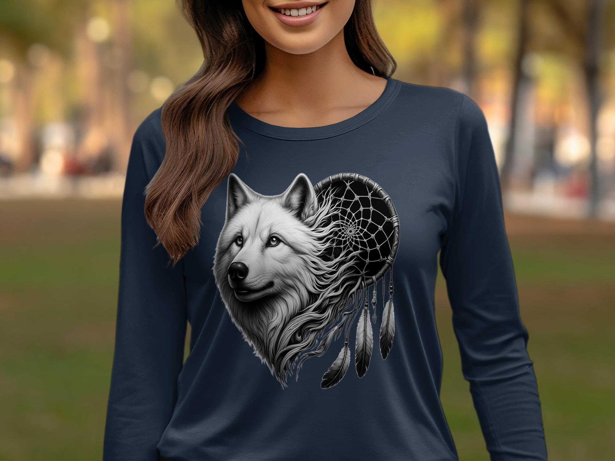 Dreamcatcher Wolf - Coloured Gildan Long Sleeve Realistic Native American Talisman Unisex Mythology Tee Graphic Design