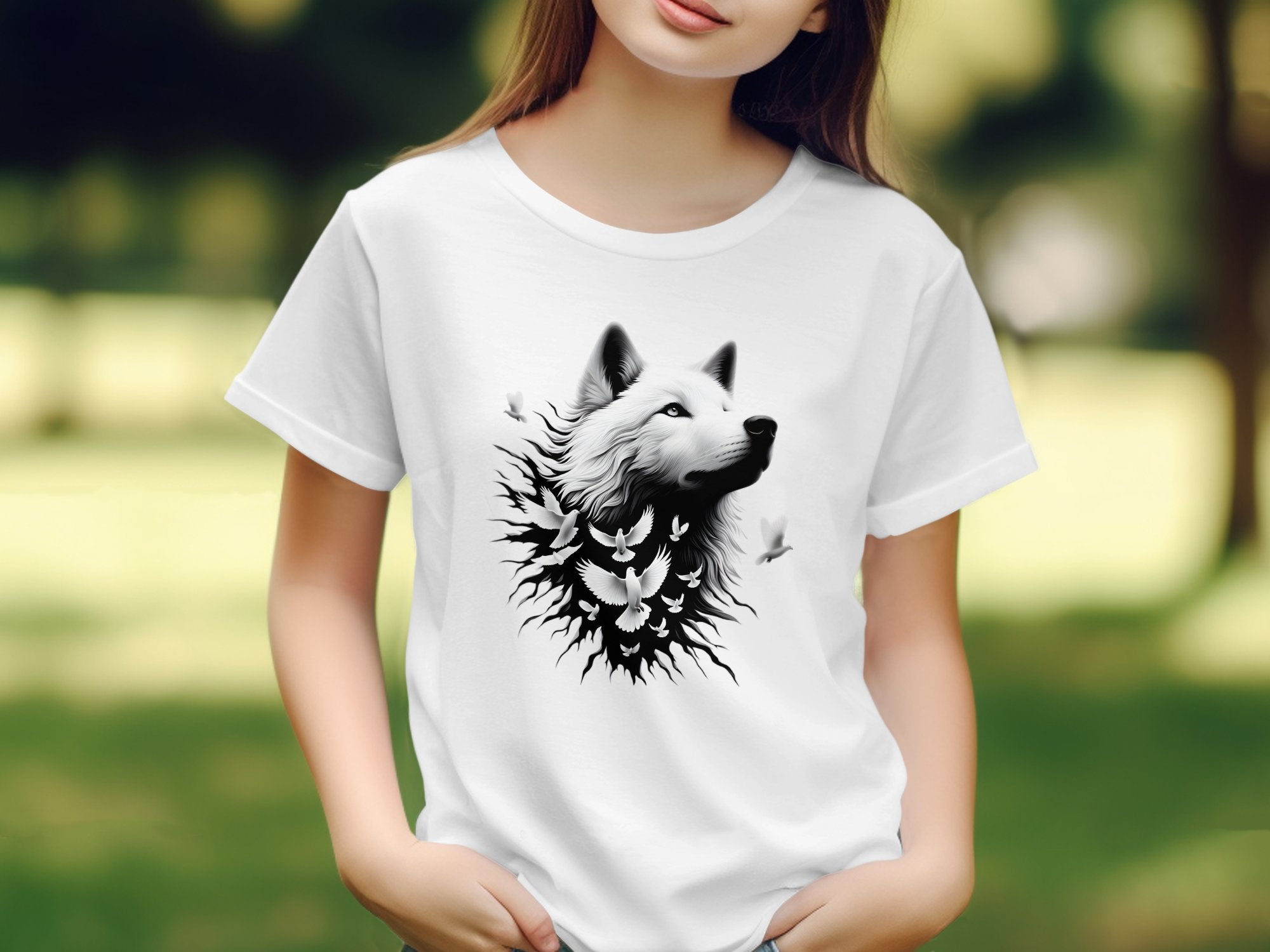 Wolf x Doves - Black White Gildan Kids T-Shirt Realistic Animal Talisman Unisex Tee Graphic Design