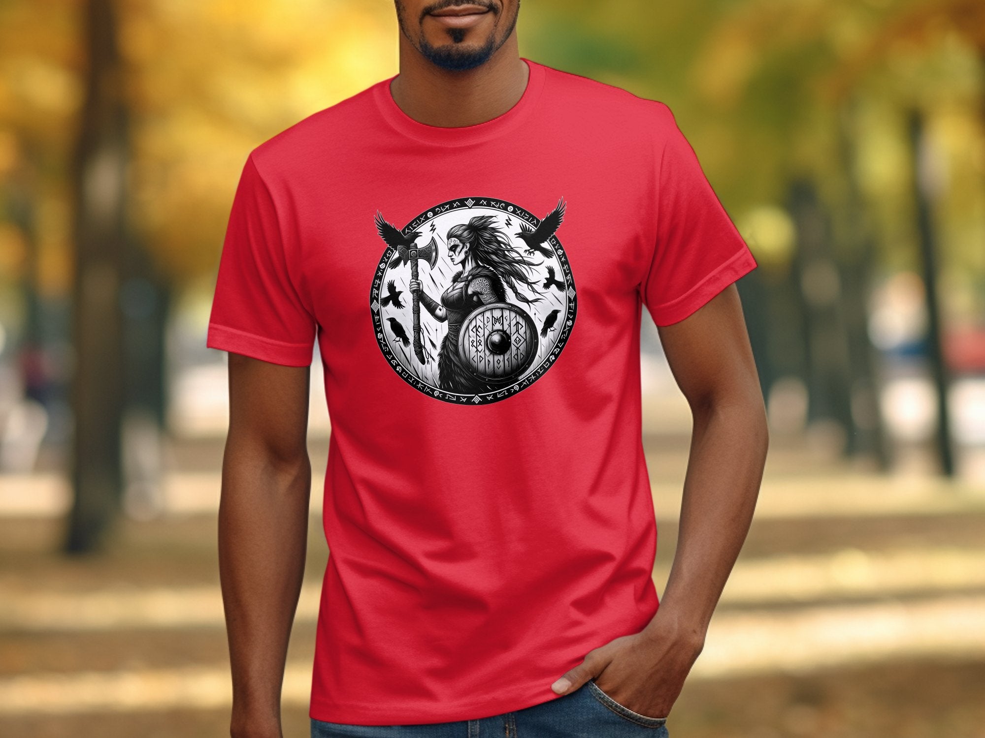 Viking Shield Maiden - Coloured Gildan T Shirt Realistic Norse Talisman Men Women Unisex Valhalla Tee Graphic Design