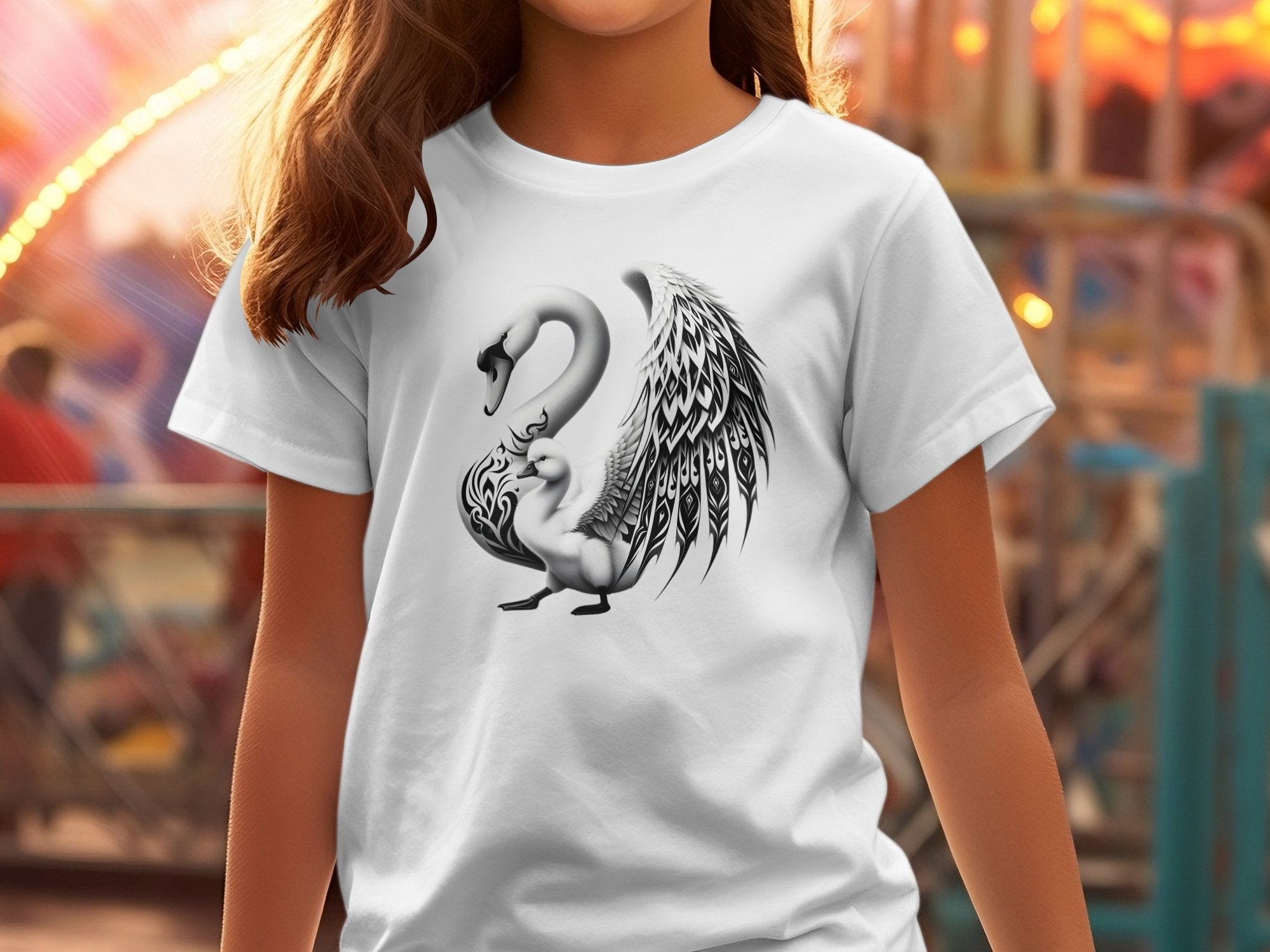 Swan & Cygnet- Black White Gildan Kids T-Shirt Realistic Family Talisman Unisex Tee Graphic Design