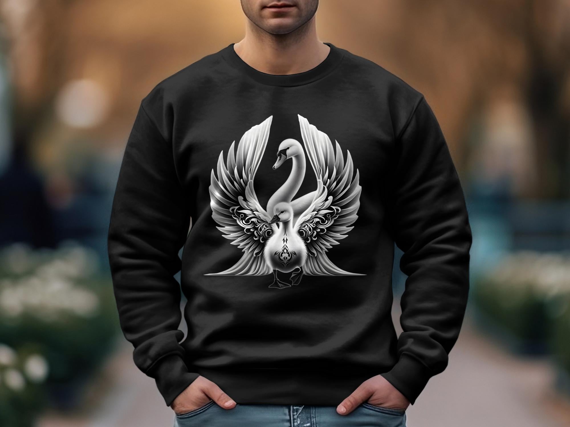 Swan & Cygnet- Black White Gildan Sweatshirt Realistic Family Talisman Unisex Tee Graphic Design