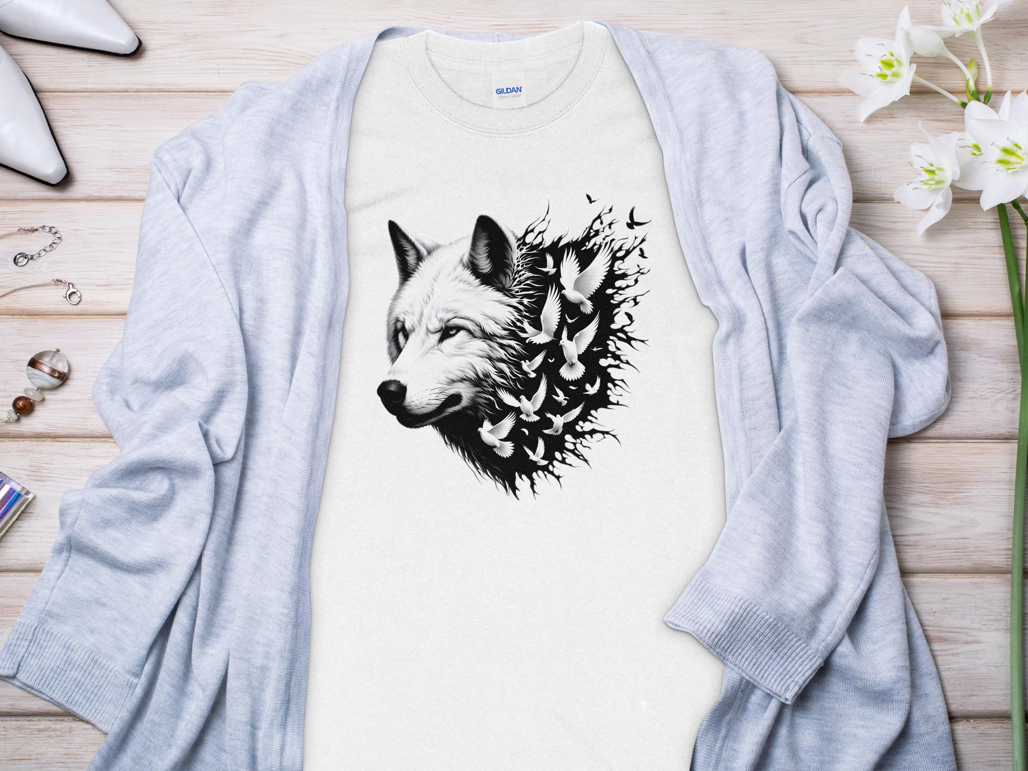 Wolf x Doves - Black White Gildan Long Sleeve Realistic Animal Talisman Unisex Tee Graphic Design