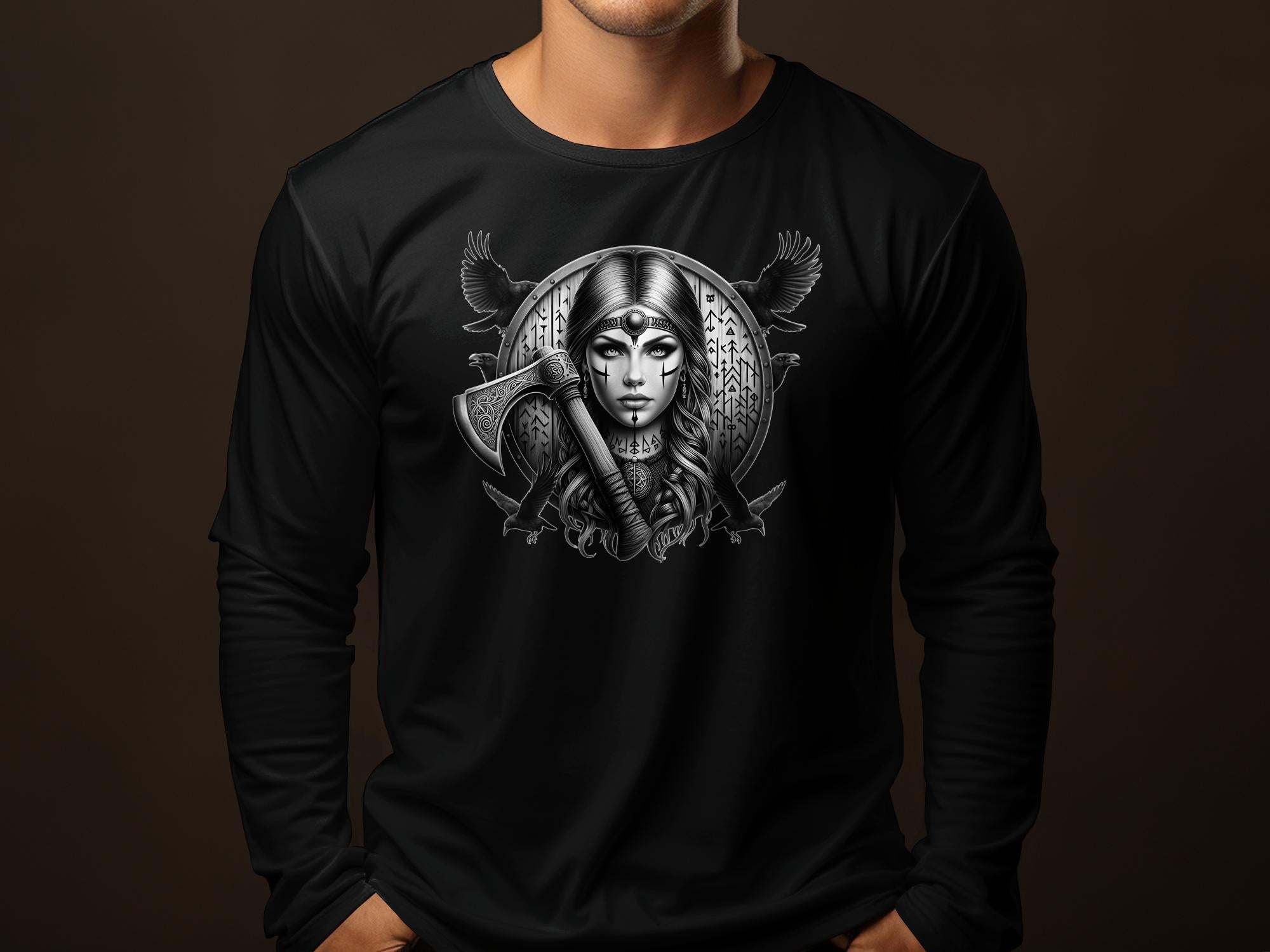 Viking Shield Maiden - Coloured Gildan Long Sleeve Realistic Norse Talisman Men Women Unisex Valhalla Tee Graphic Design