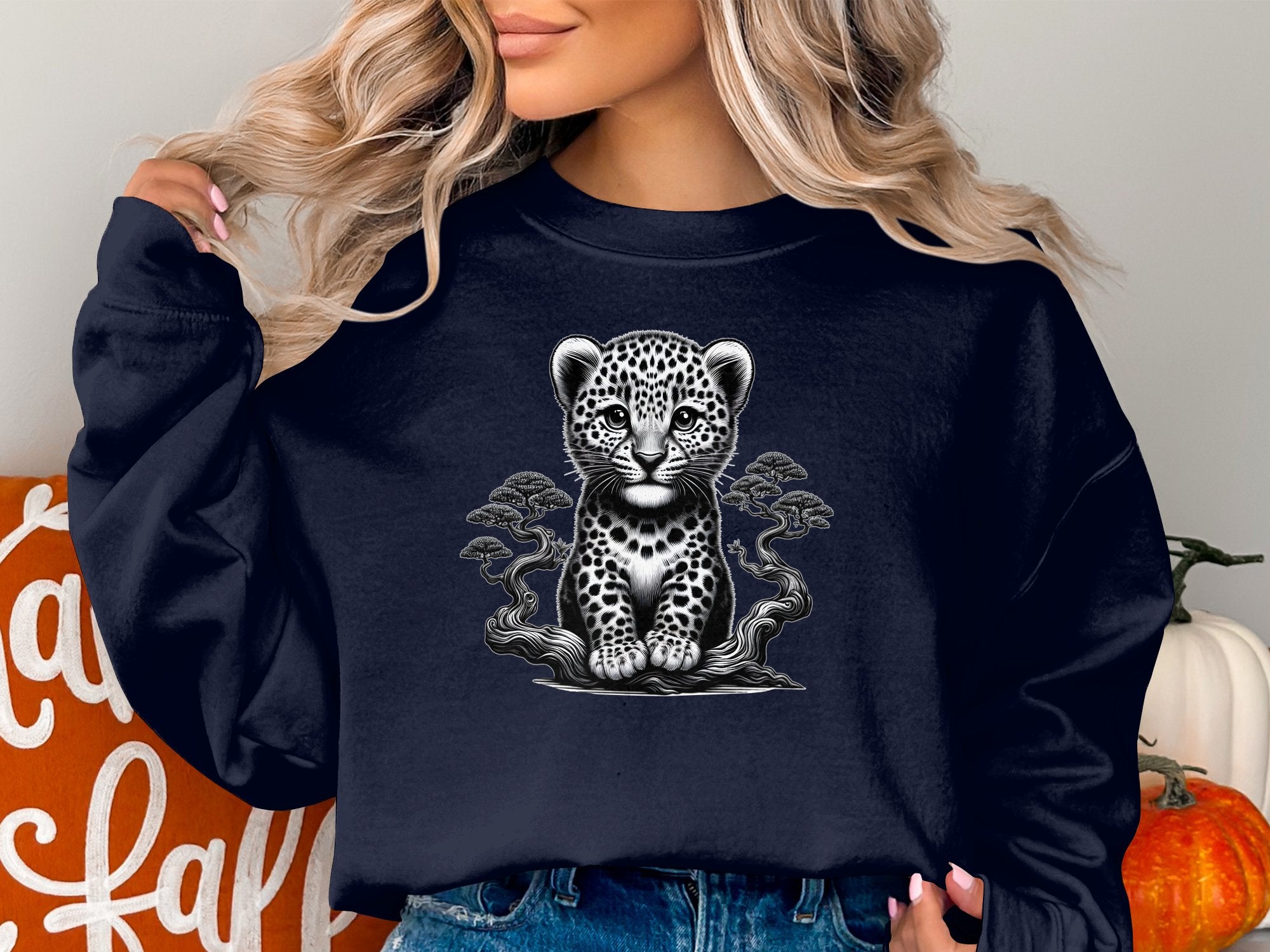 Leopard Bonsai - Coloured Gildan Sweatshirt Realistic Animal Talisman Unisex Cute Tee Graphic Design