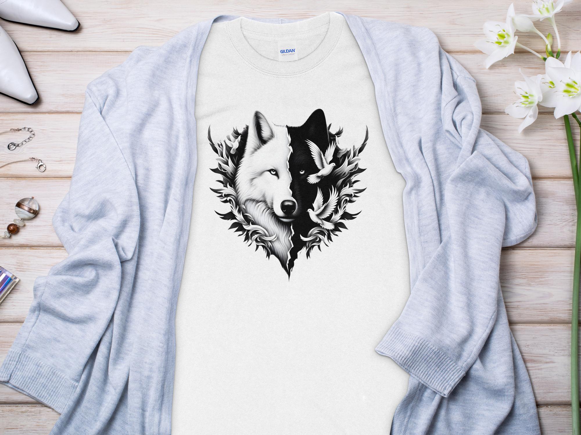 Wolf x Doves - Black White Gildan Long Sleeve Realistic Animal Talisman Unisex Tee Graphic Design