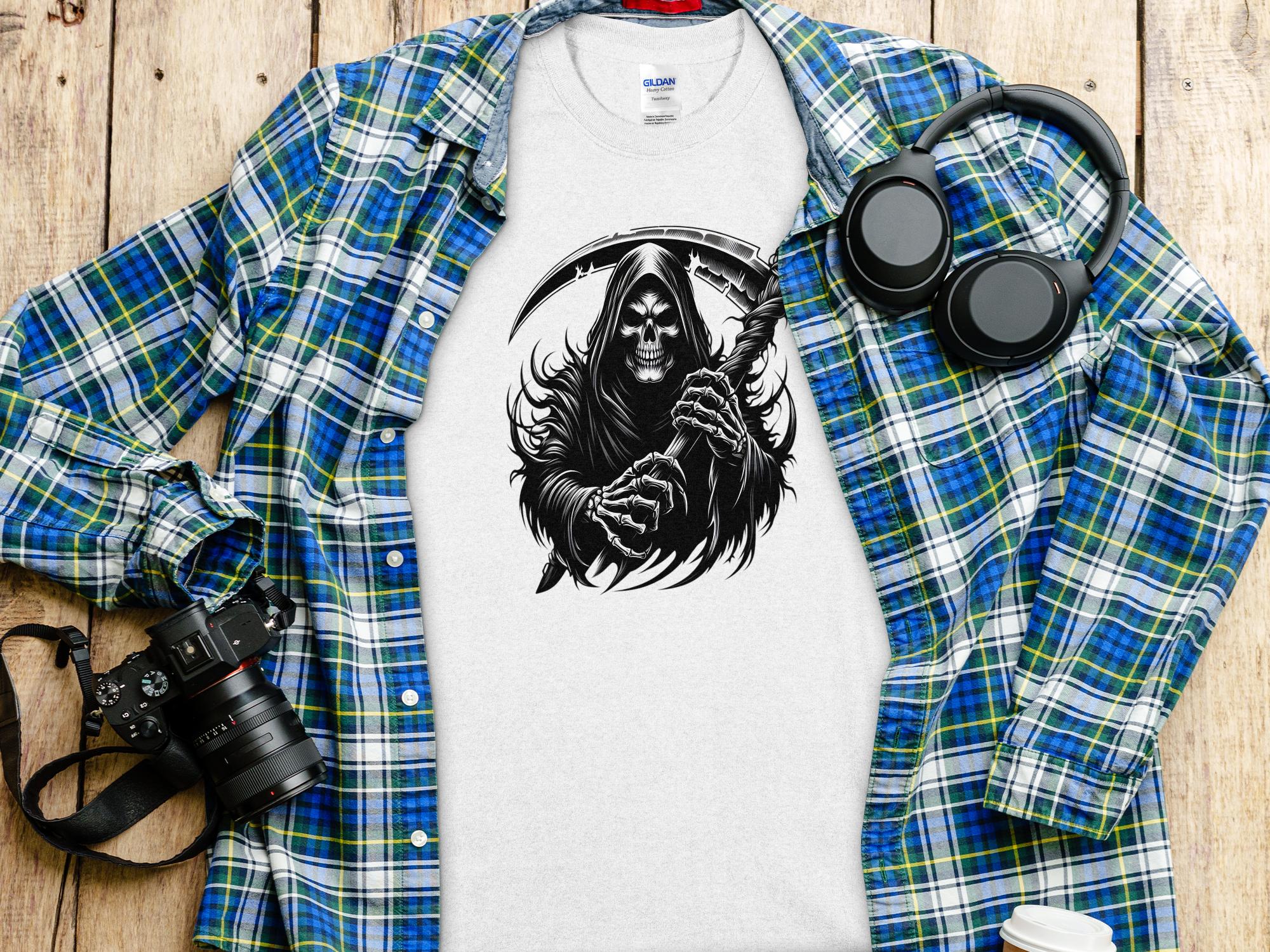 Grim Reaper - Black White Gildan T-Shirt Commemorative Talisman Unisex Tee Graphic Design