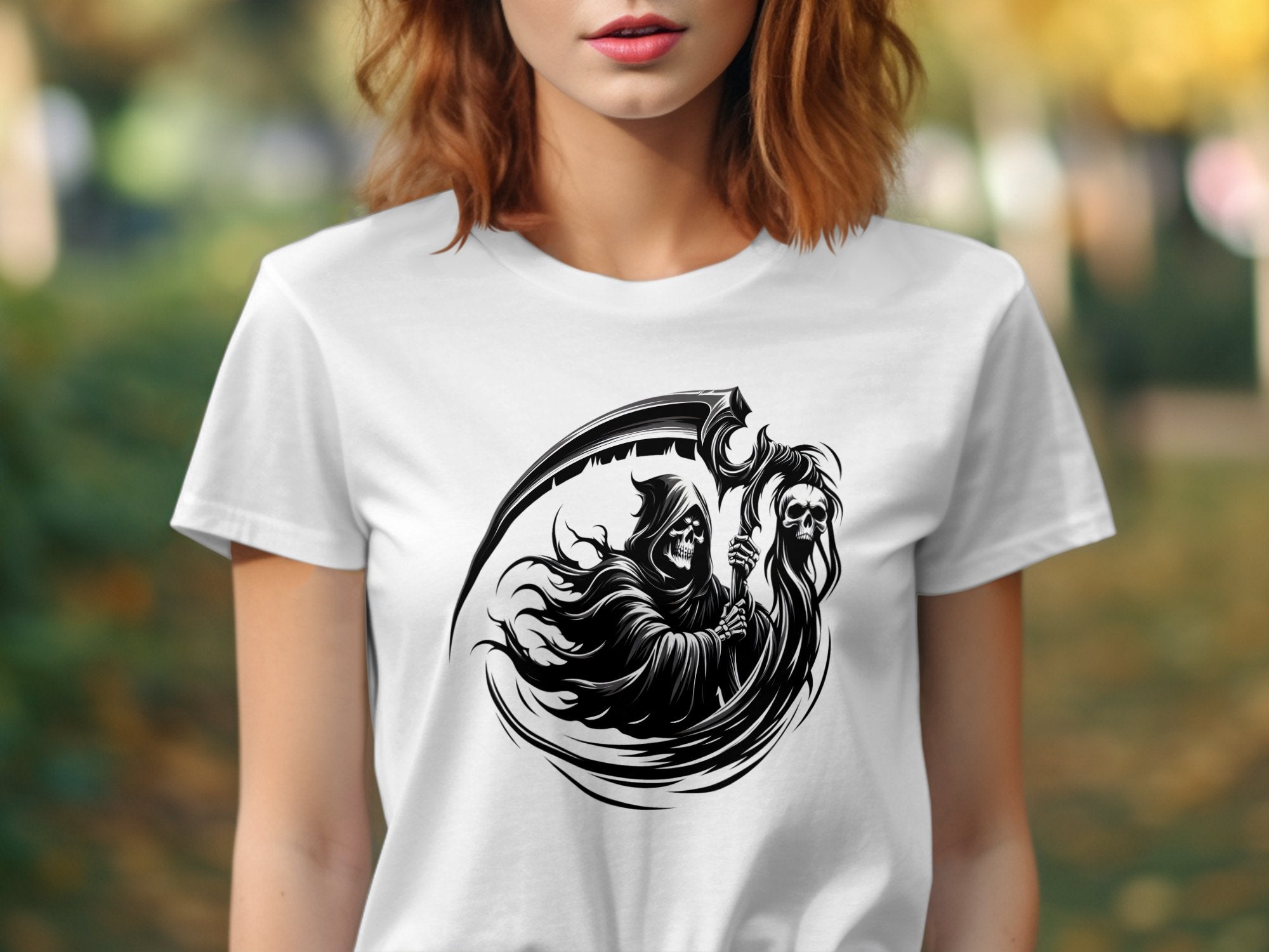 Grim Reaper - Black White Gildan T-Shirt Commemorative Talisman Unisex Tee Graphic Design