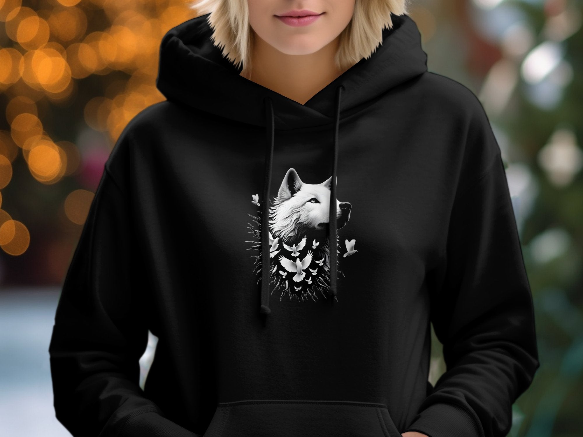 Wolf x Doves - Black White Gildan Hoodie Realistic Animal Talisman Unisex Tee Graphic Design