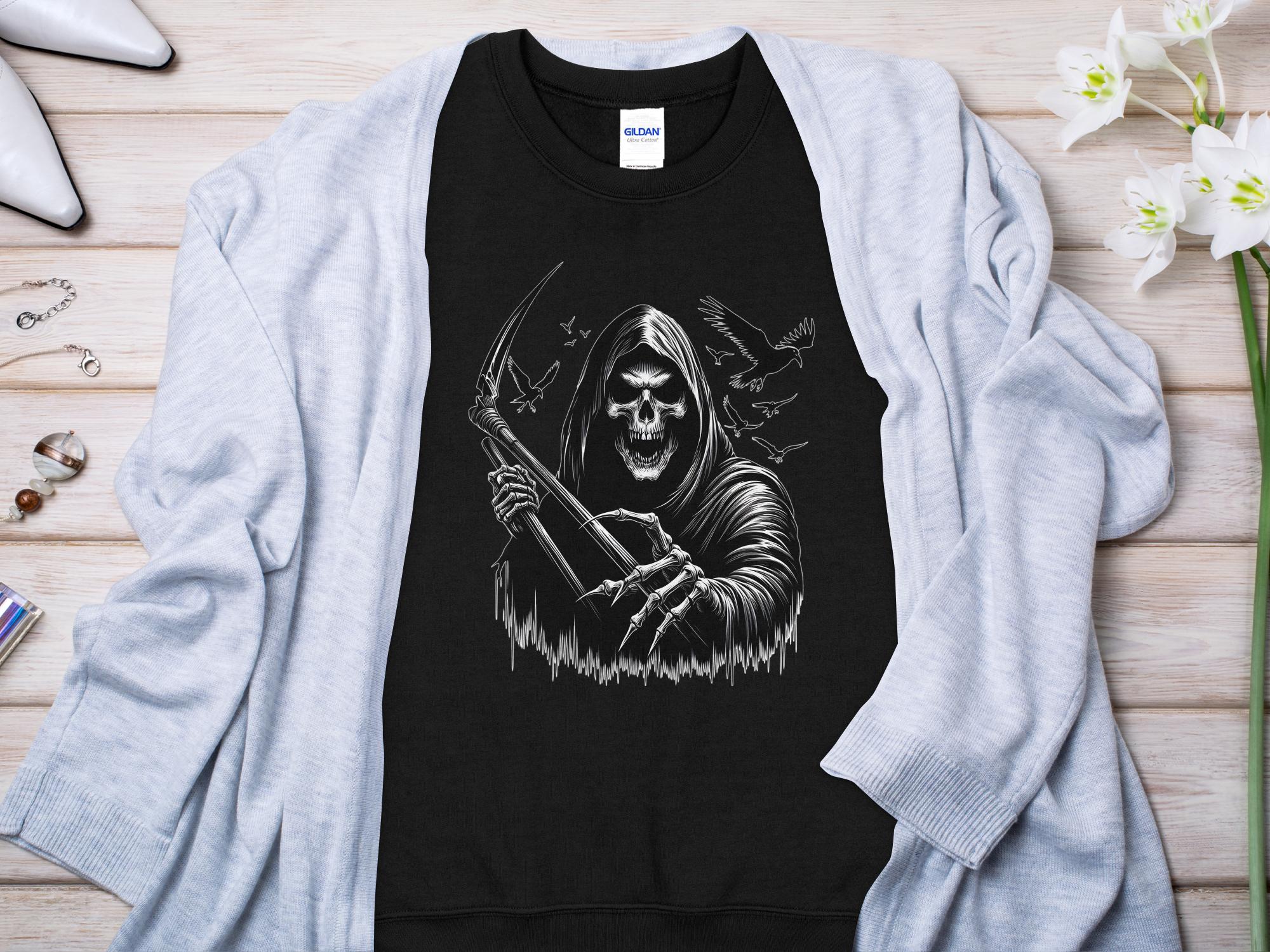 Grim Reaper - Black White Gildan Sweatshirt Commemorative Talisman Unisex Tee Graphic Design