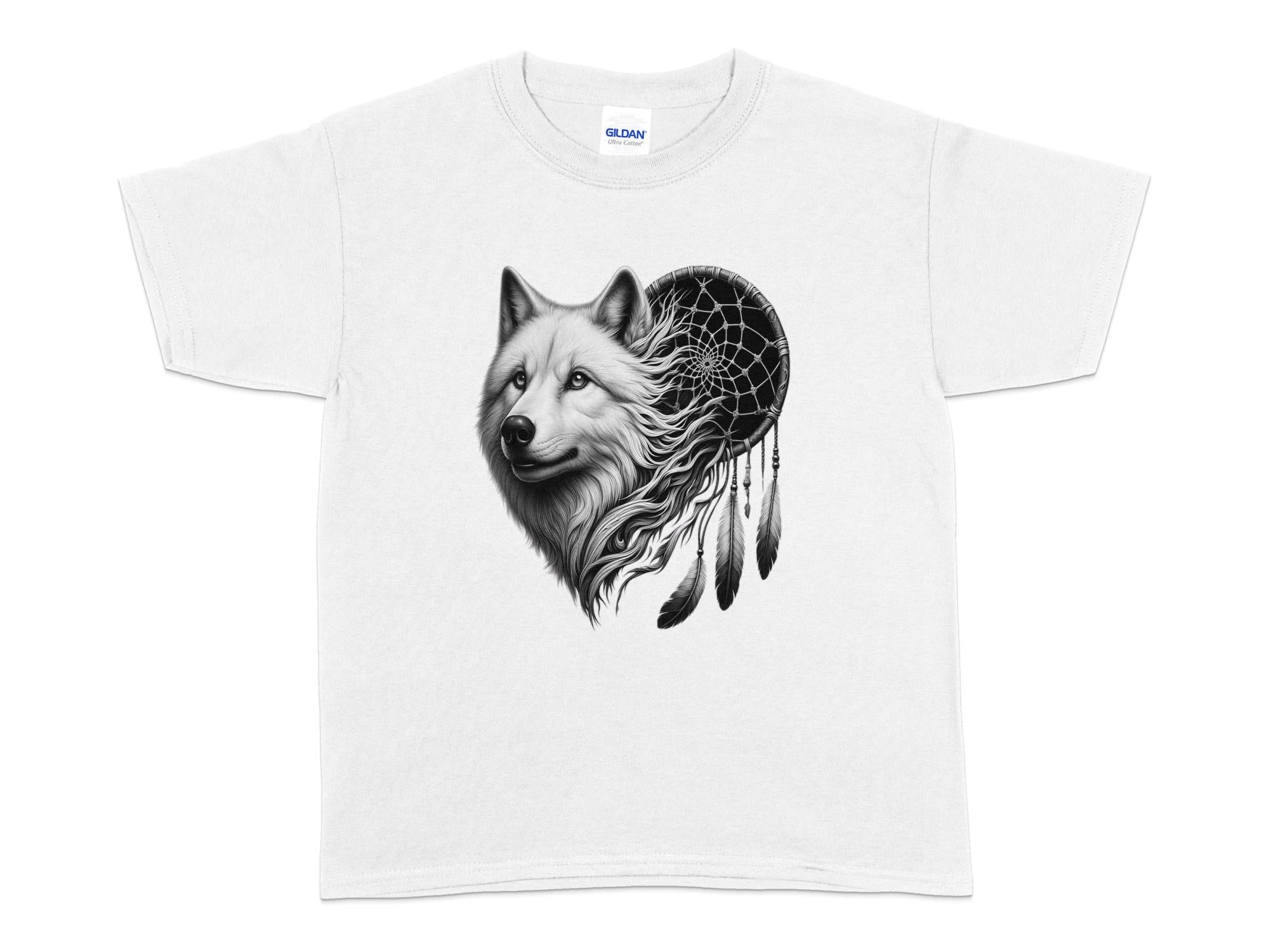 Dreamcatcher Wolf - Coloured Gildan Kids T-Shirt Realistic Native American Talisman Unisex Mythology Tee Graphic Design