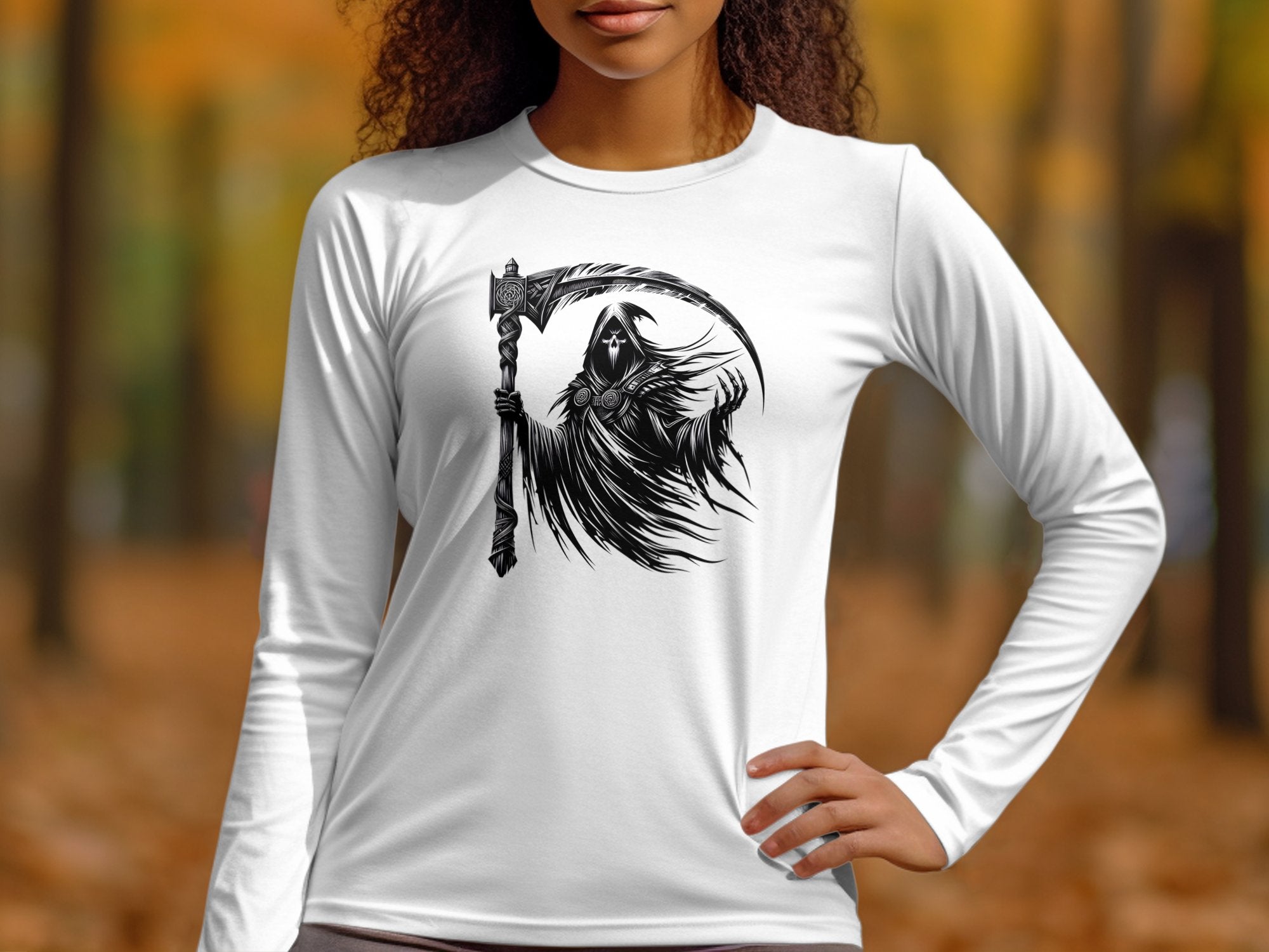 Grim Reaper - Black White Gildan Long Sleeve Commemorative Talisman Unisex Tee Graphic Design