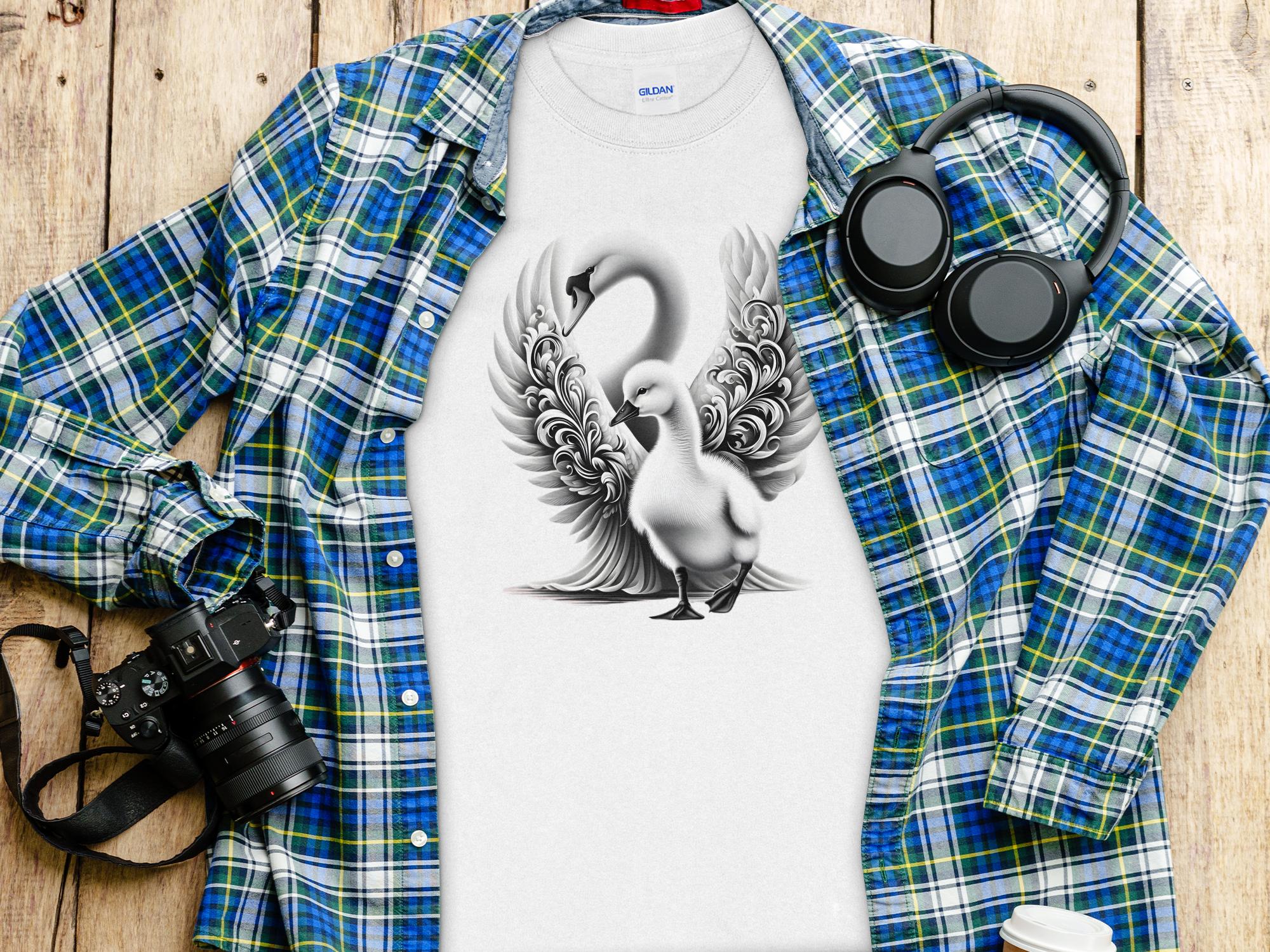 Swan & Cygnet- Black White Gildan Long Sleeve Realistic Family Talisman Unisex Tee Graphic Design