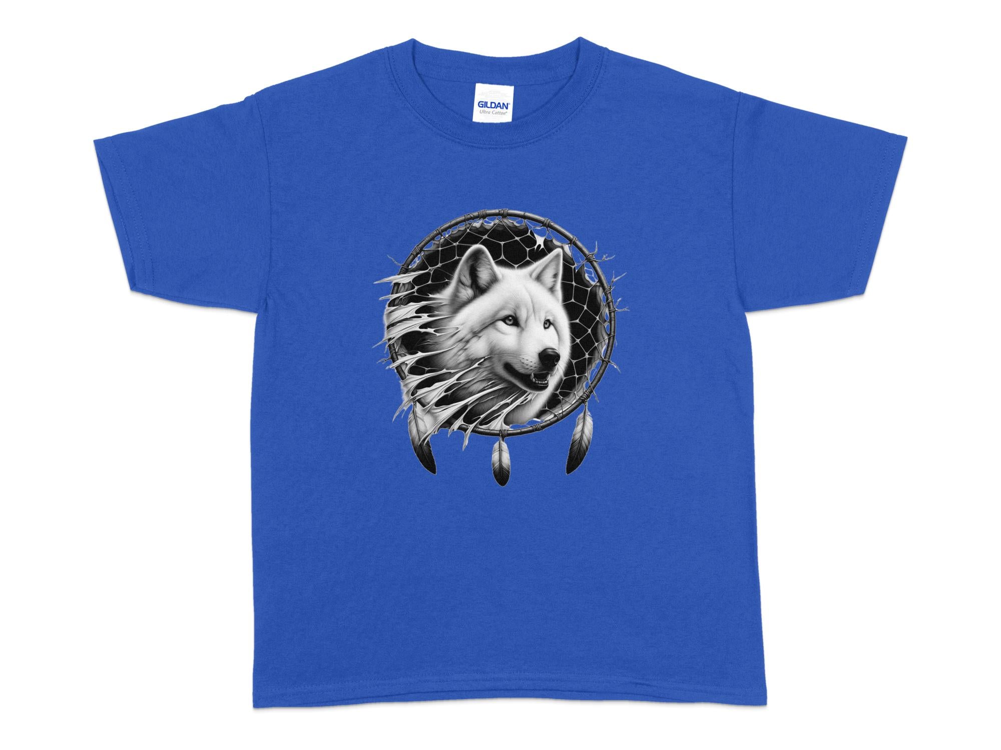 Dreamcatcher Wolf - Coloured Gildan Kids T-Shirt Realistic Native American Talisman Unisex Mythology Tee Graphic Design