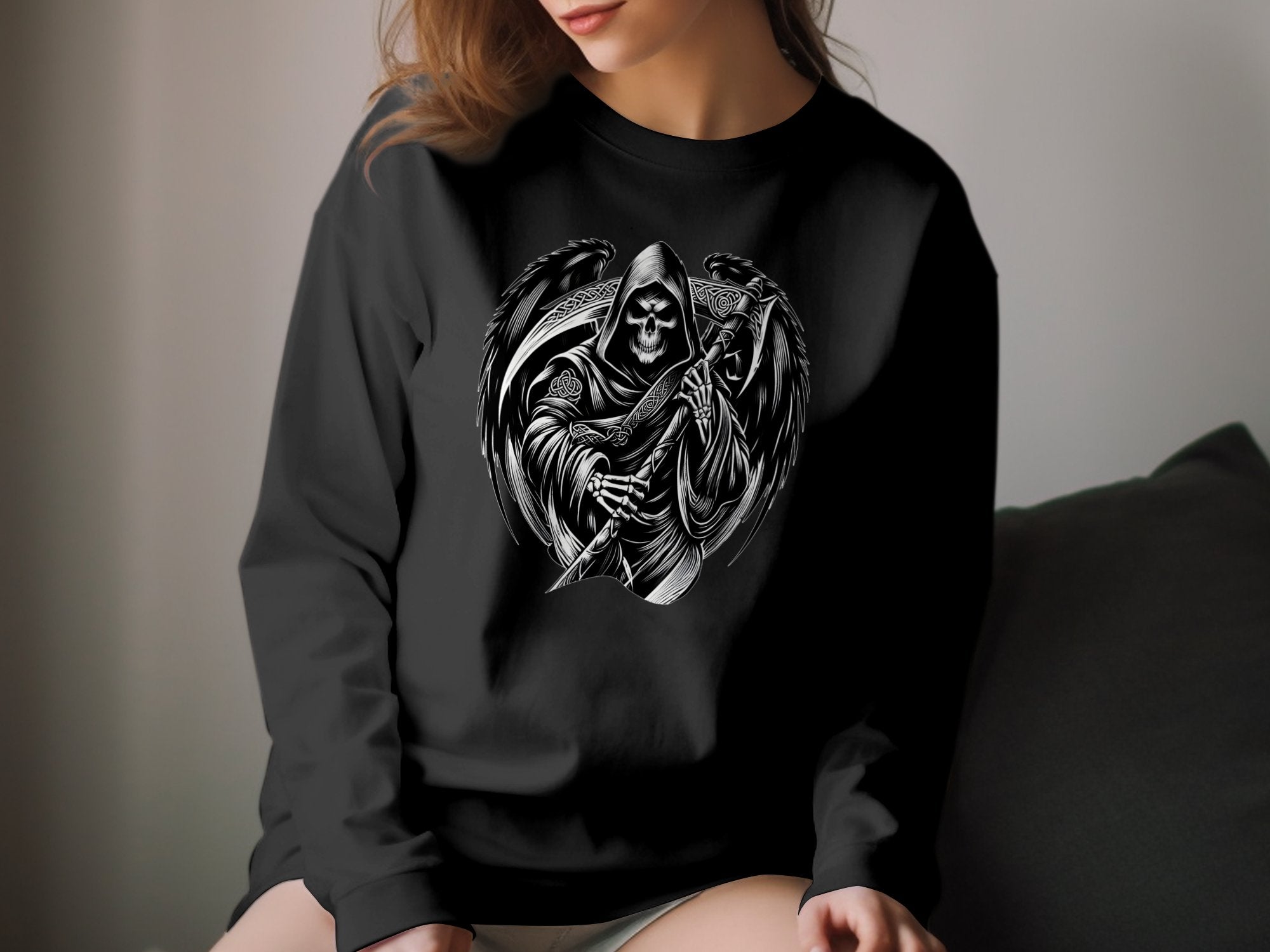 Grim Reaper - Black White Gildan Long Sleeve Commemorative Talisman Unisex Tee Graphic Design