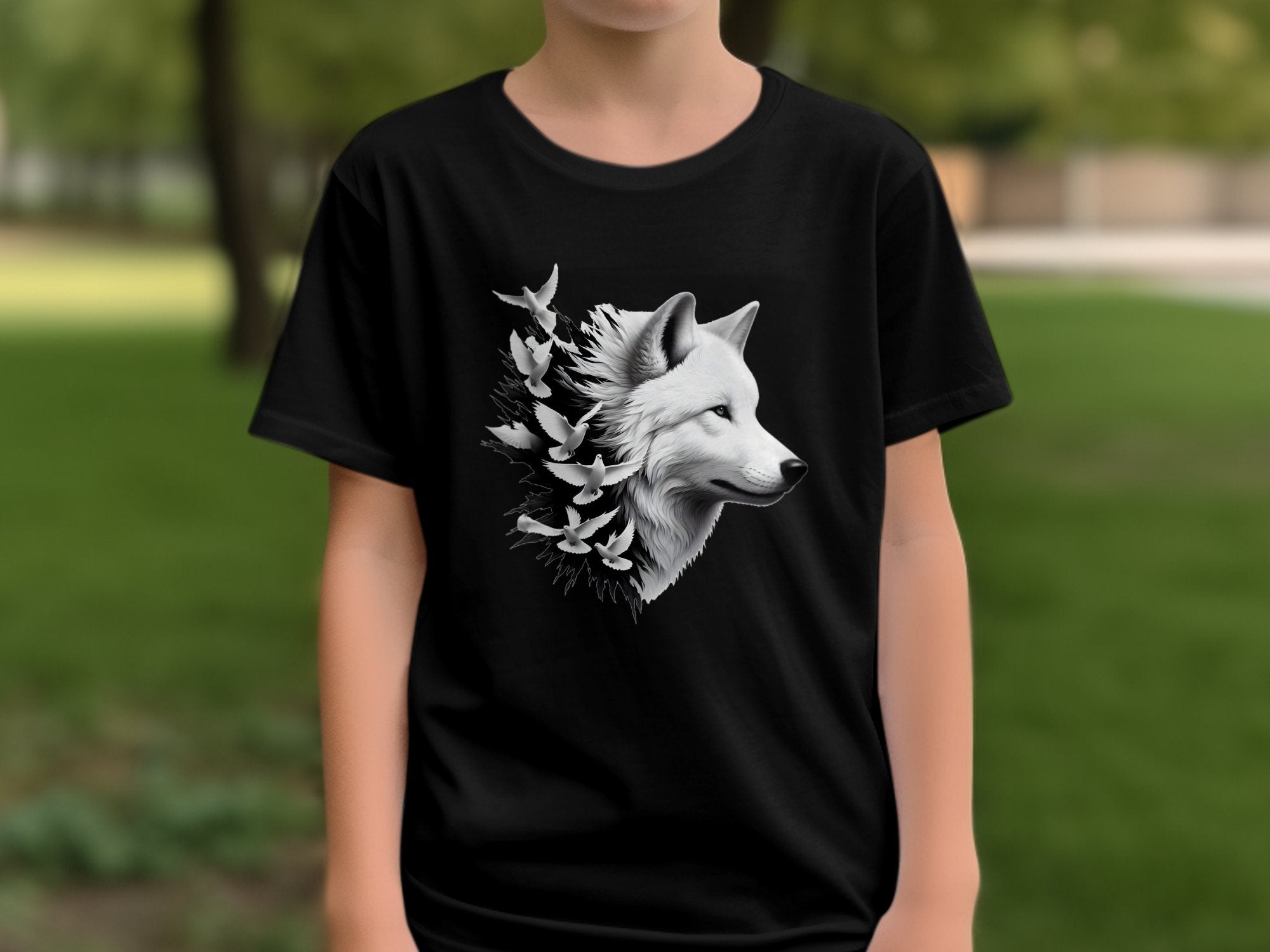 Wolf x Doves - Black White Gildan Kids T-Shirt Realistic Animal Talisman Unisex Tee Graphic Design