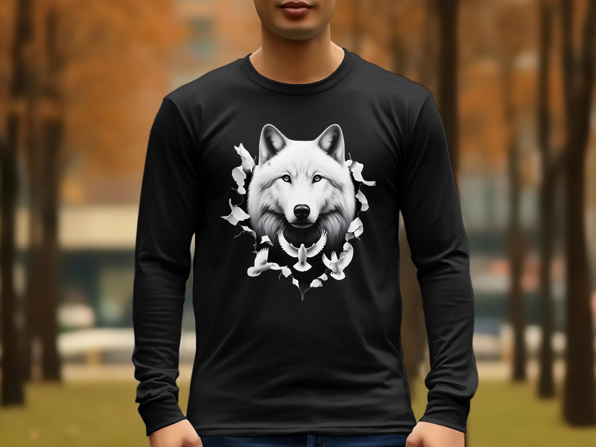 Wolf x Doves - Black White Gildan Long Sleeve Realistic Animal Talisman Unisex Tee Graphic Design