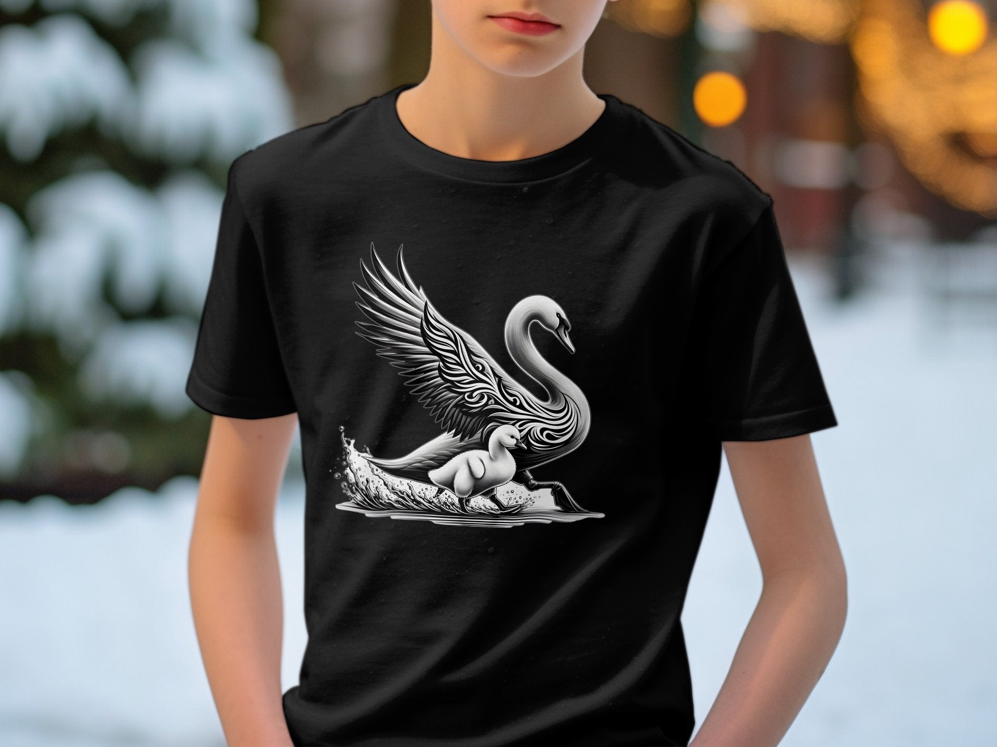 Swan & Cygnet- Black White Gildan Kids T-Shirt Realistic Family Talisman Unisex Tee Graphic Design