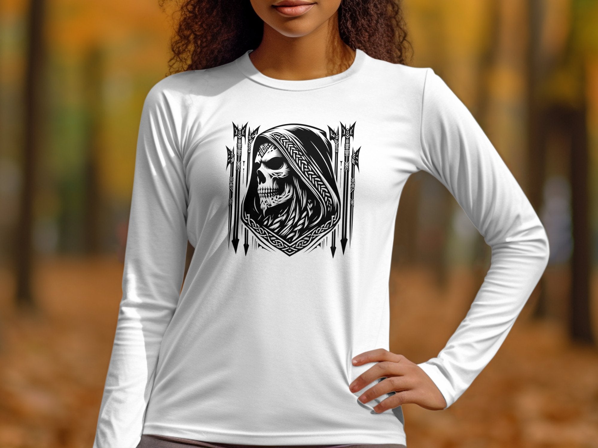 Grim Reaper - Black White Gildan Long Sleeve Commemorative Talisman Unisex Tee Graphic Design