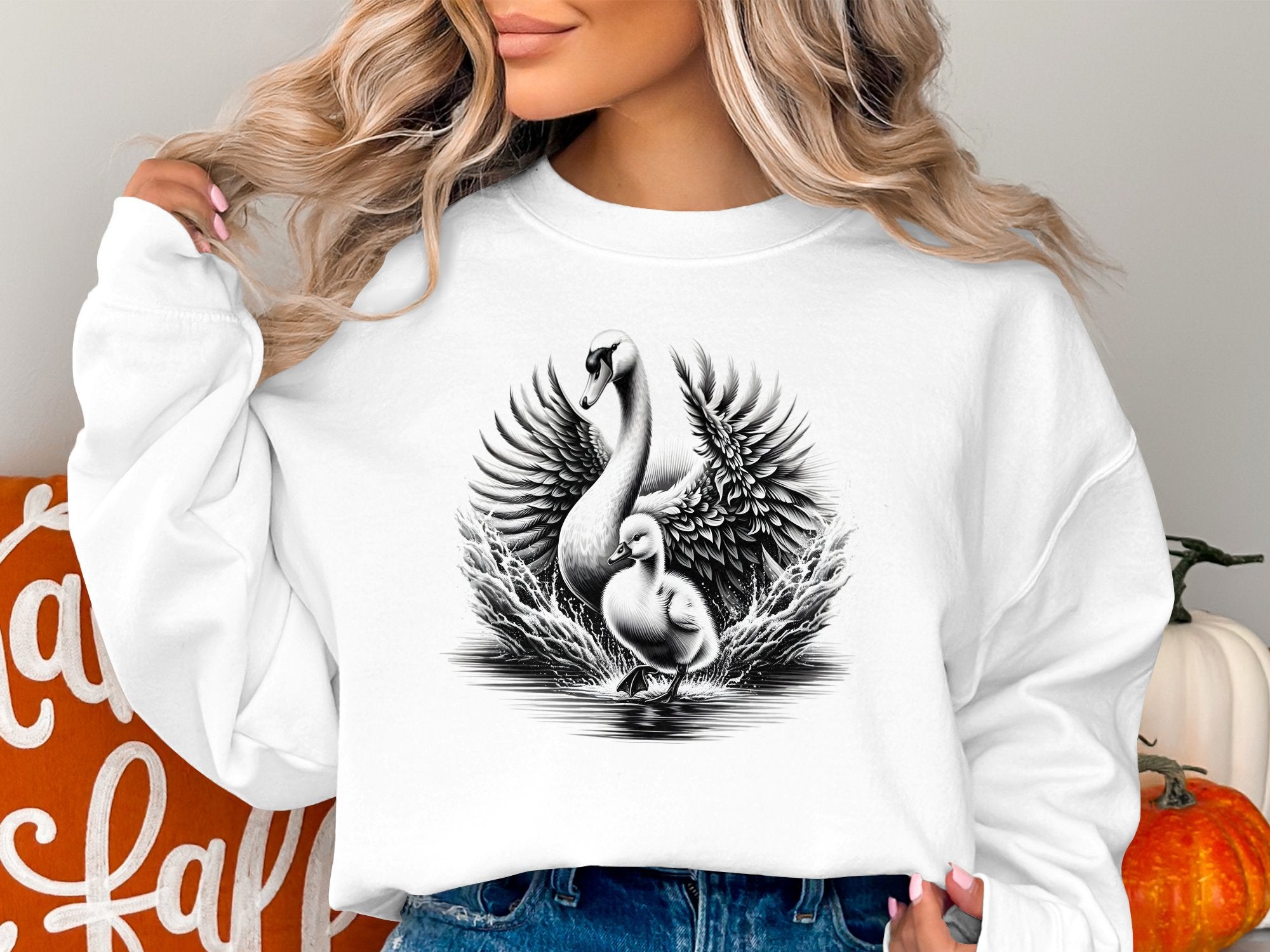 Swan & Cygnet- Black White Gildan Sweatshirt Realistic Family Talisman Unisex Tee Graphic Design