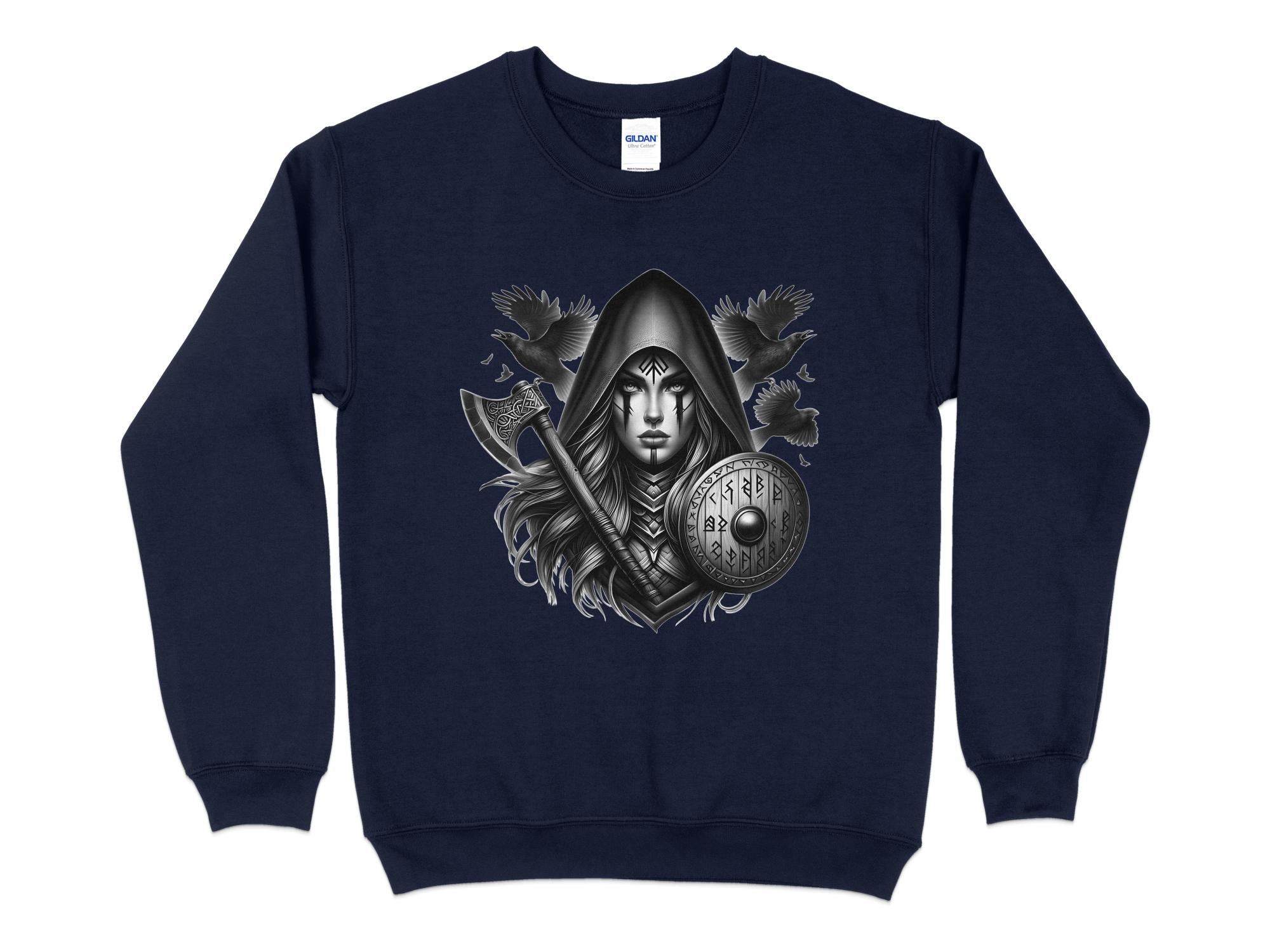 Viking Shield Maiden - Coloured Gildan Sweatshirt Realistic Norse Talisman Men Women Unisex Valhalla Tee Graphic Design