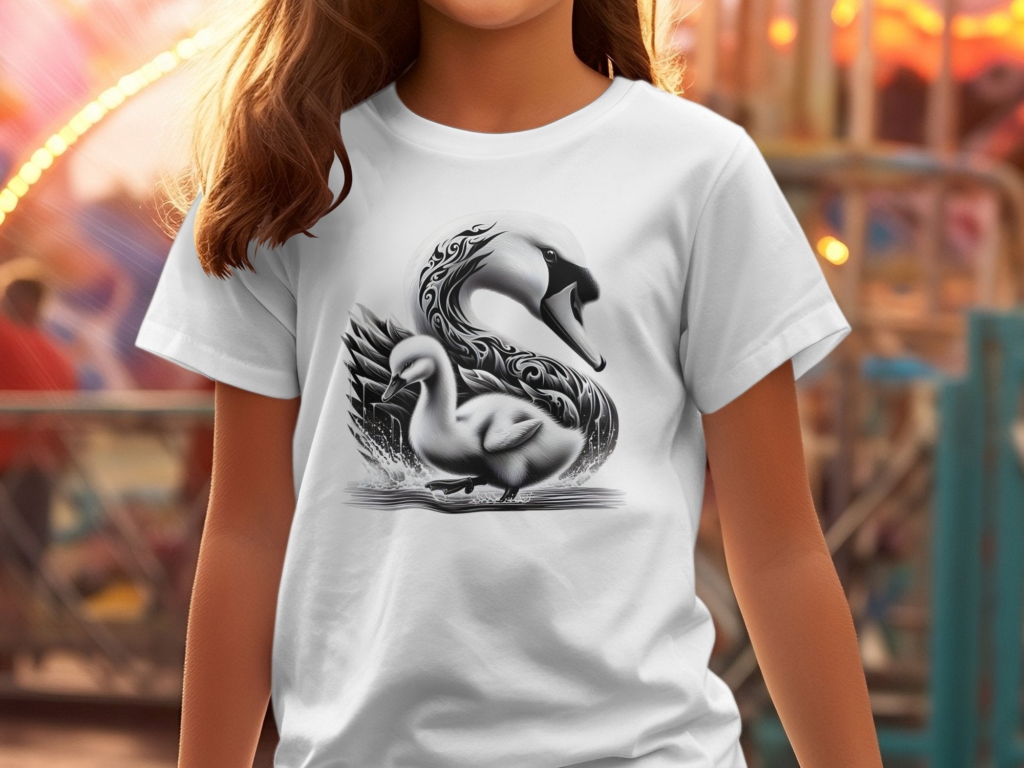 Swan & Cygnet- Black White Gildan Kids T-Shirt Realistic Family Talisman Unisex Tee Graphic Design