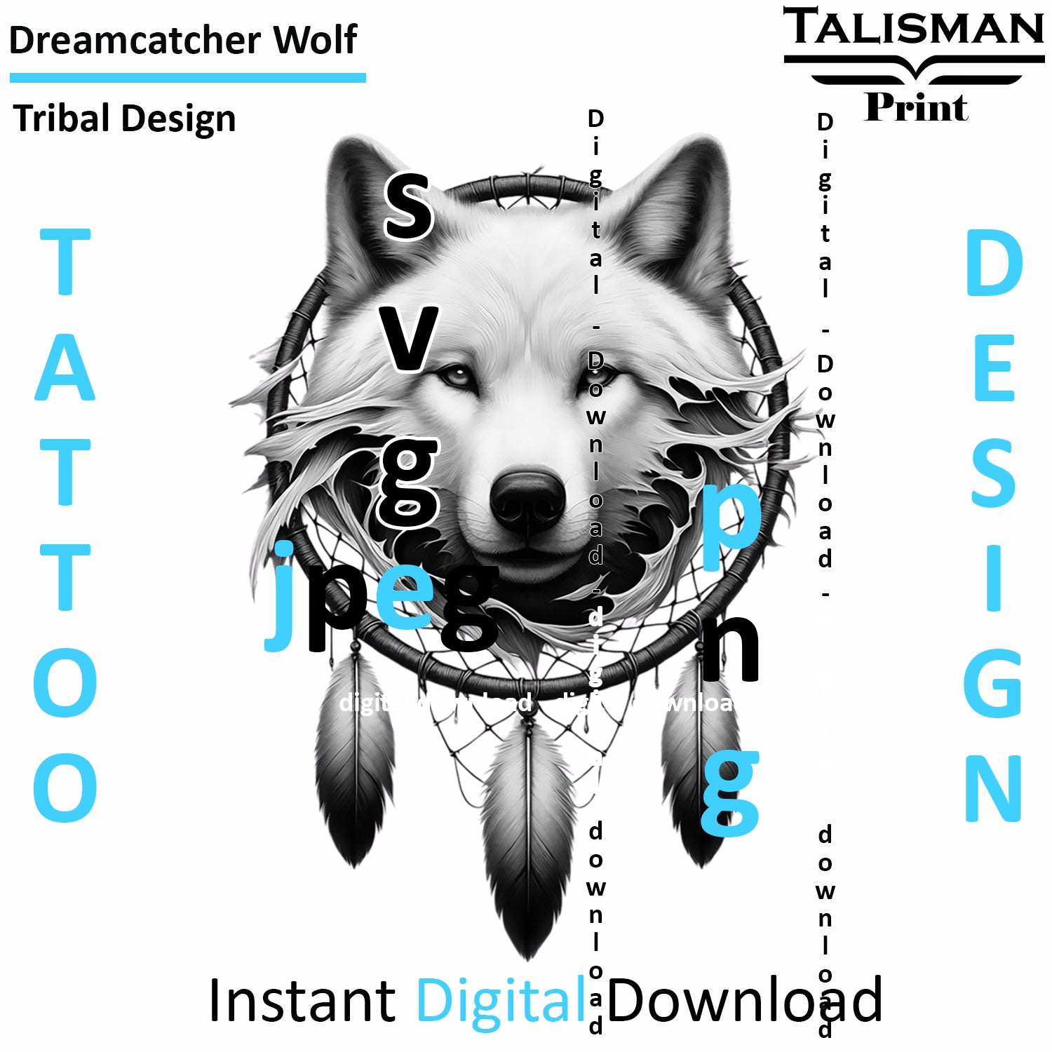 Dreamcatcher Wolf - Digital Art | PNG, JPEG & SVG | Instant Download for Apparel, Décor and Wall Art