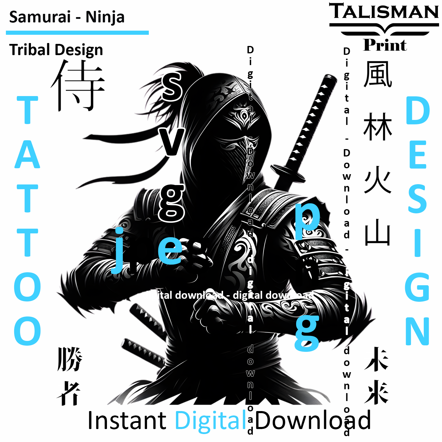 Samurai Ninja - Digital Art | PNG, JPEG & SVG | Instant Download for Apparel, Décor and Wall Art