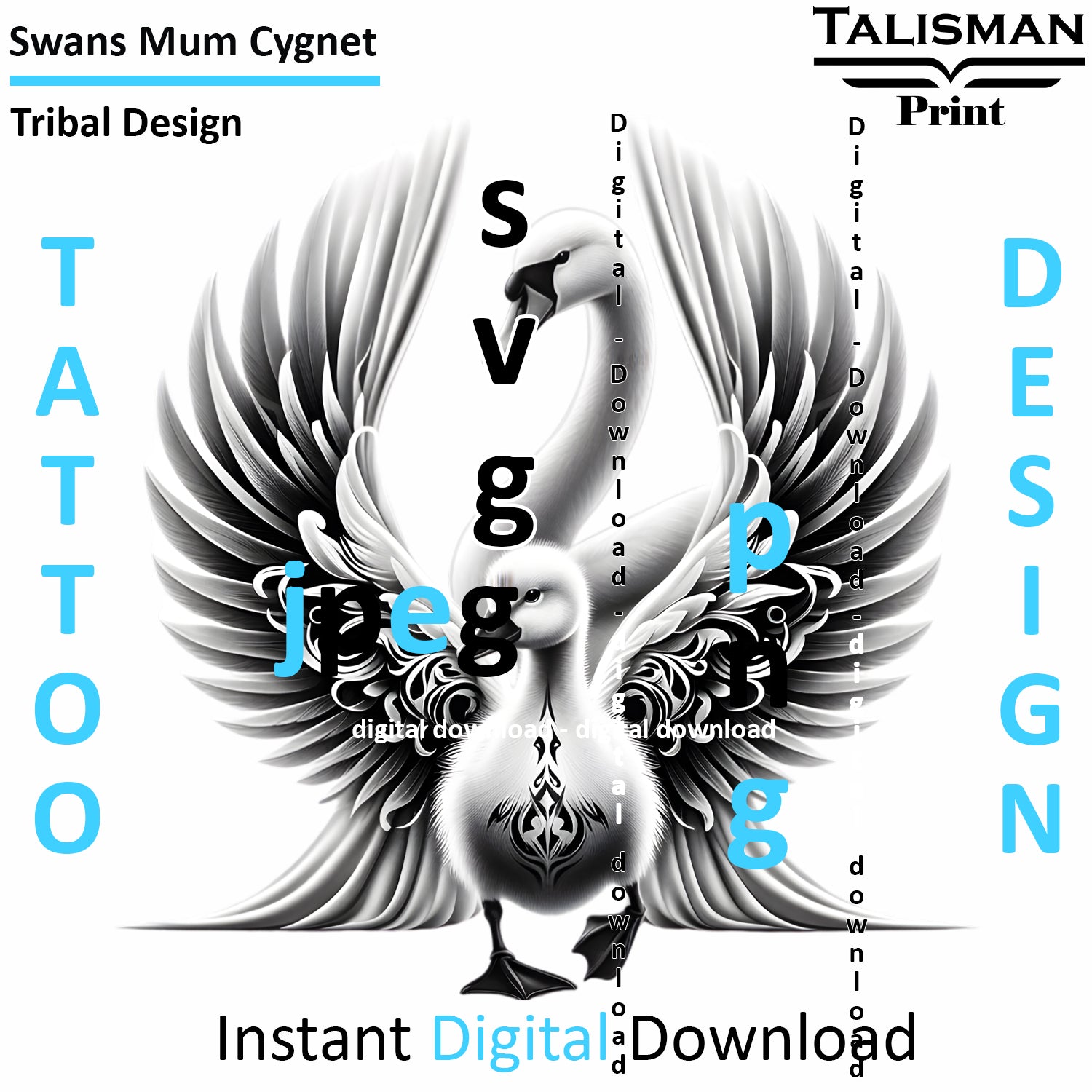 Swan and Cygnet - Digital Art | PNG, JPEG & SVG | Instant Download for Apparel, Décor and Wall Art