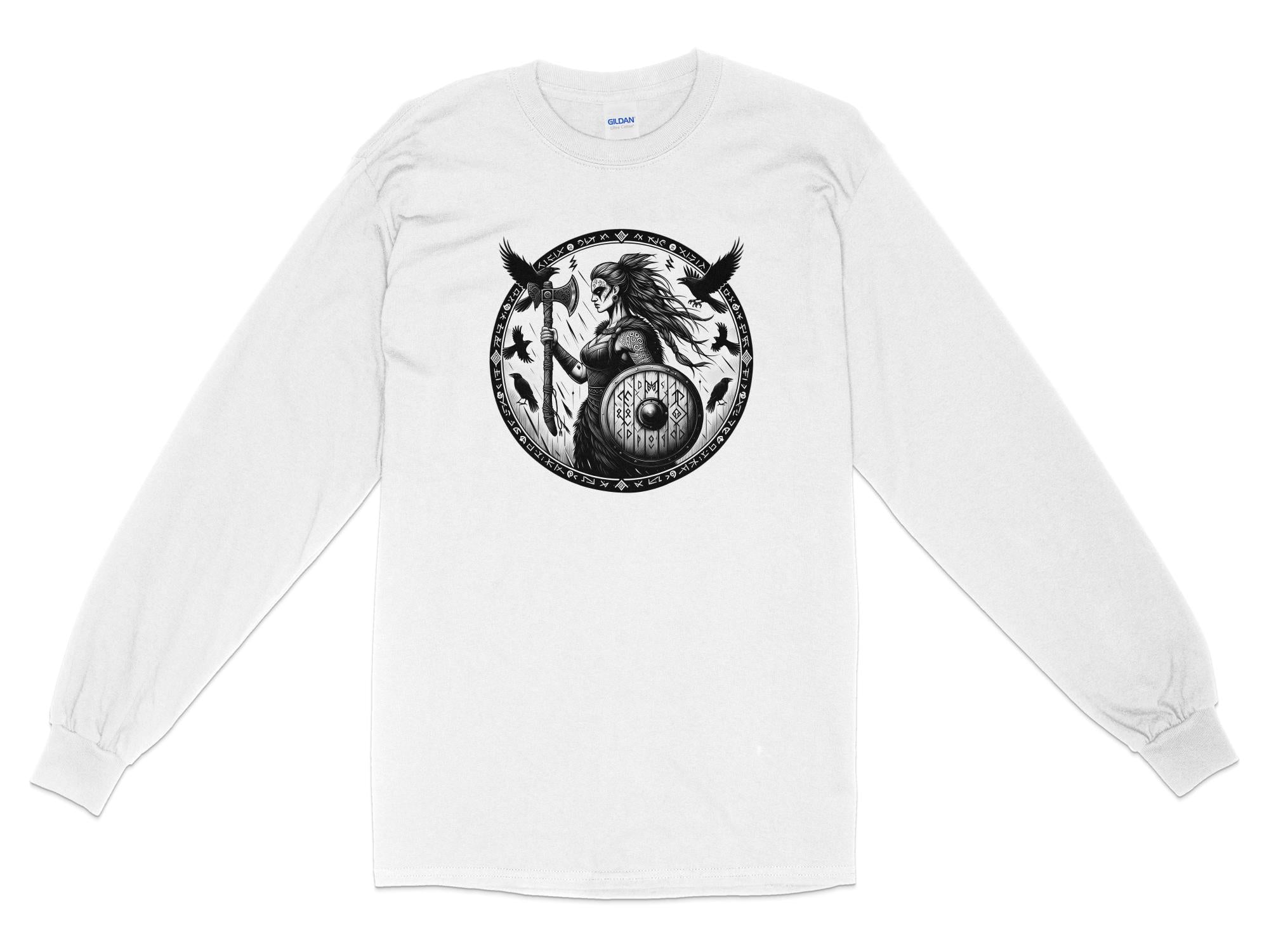 Viking Shield Maiden - Coloured Gildan Long Sleeve Realistic Norse Talisman Men Women Unisex Valhalla Tee Graphic Design