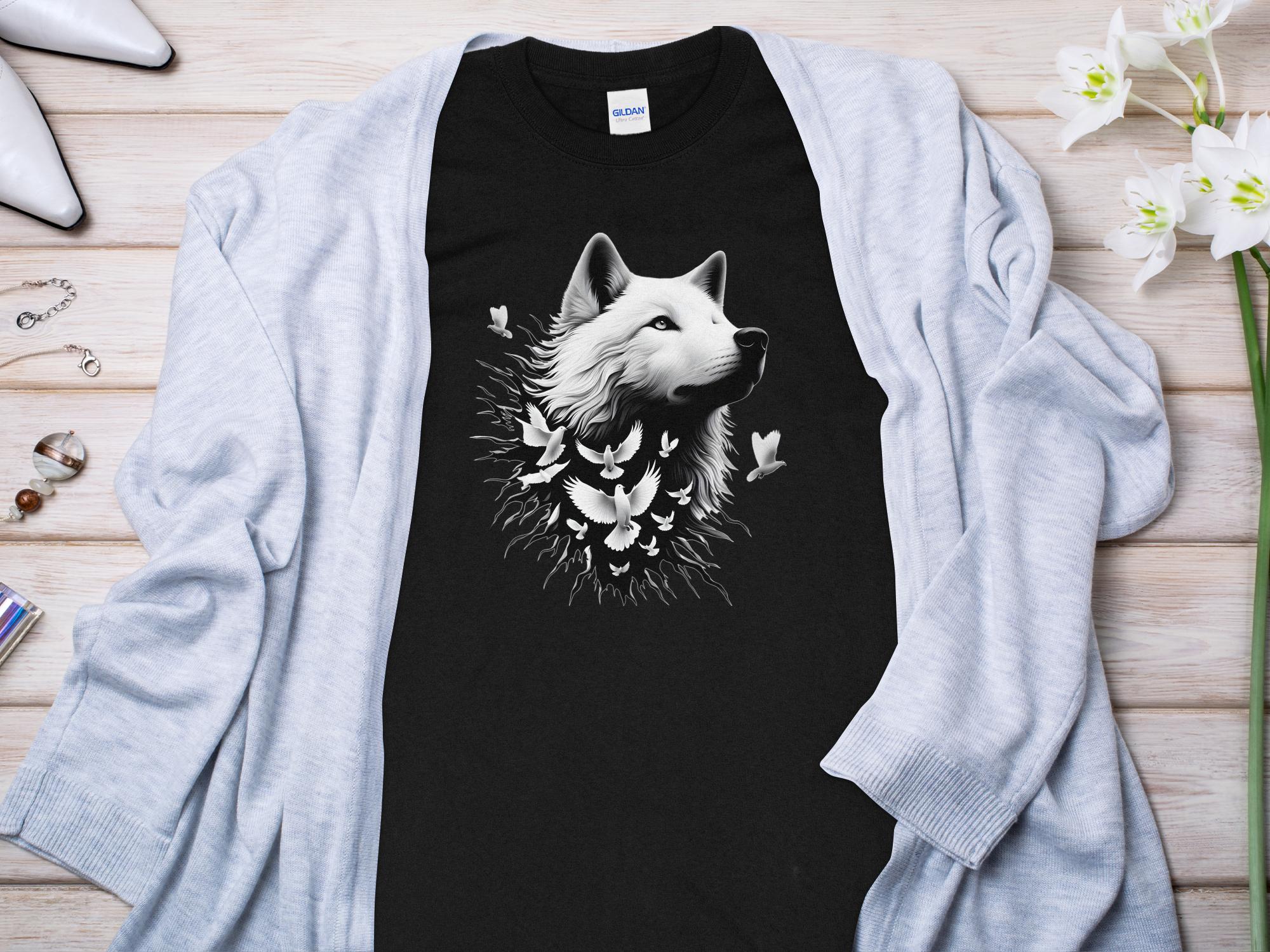 Wolf x Doves - Black White Gildan Long Sleeve Realistic Animal Talisman Unisex Tee Graphic Design