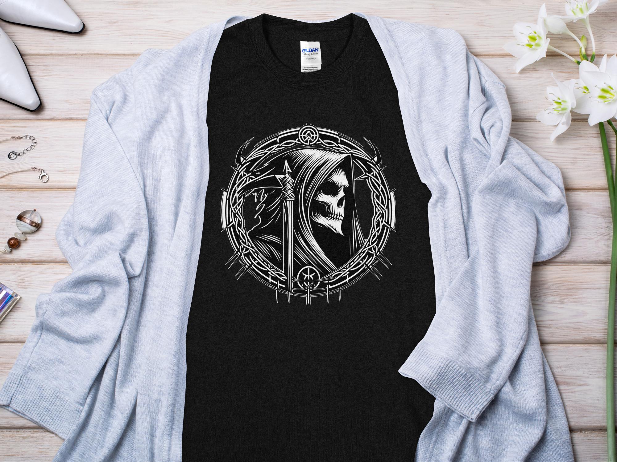 Grim Reaper - Black White Gildan T-Shirt Commemorative Talisman Unisex Tee Graphic Design